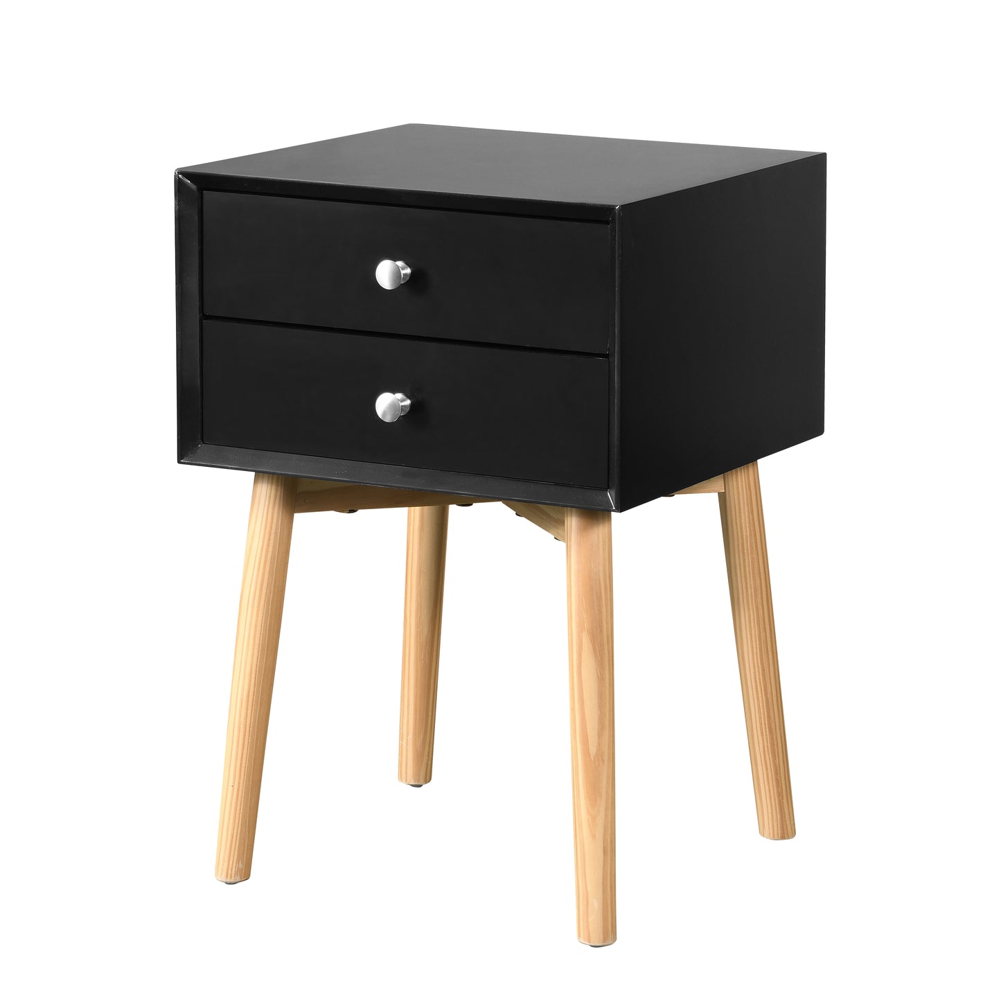 Black twodrawer nightstand with natural wood legs