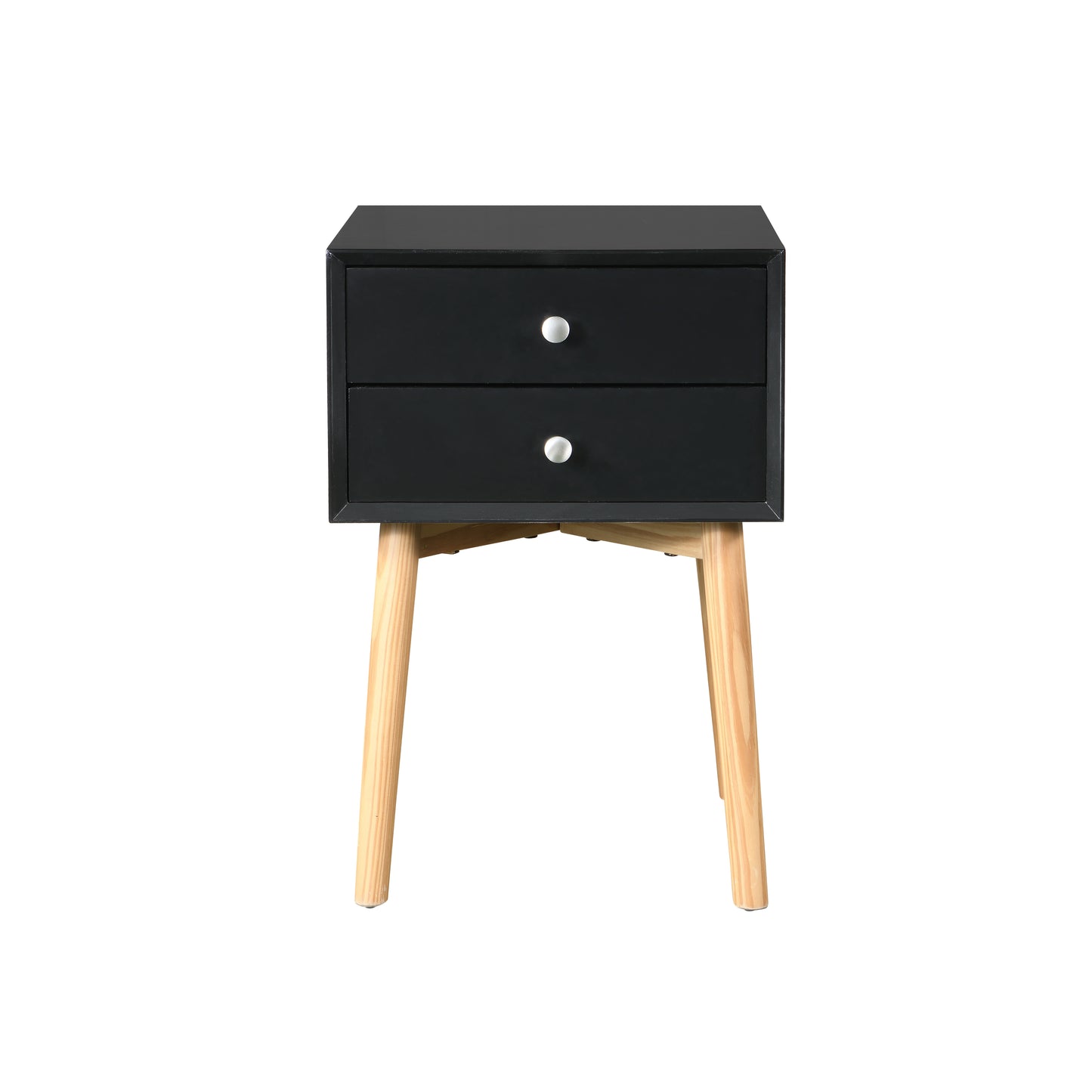 Black twodrawer nightstand with silver knobs and tapered wooden legs