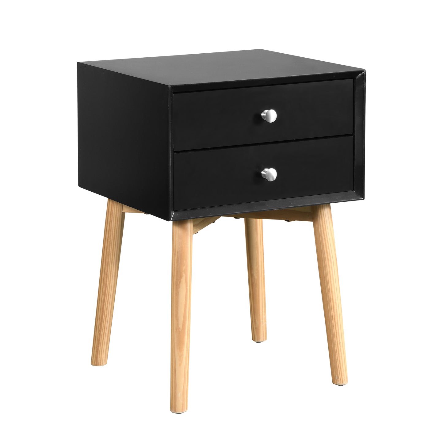 Black twodrawer nightstand with tapered wooden legs
