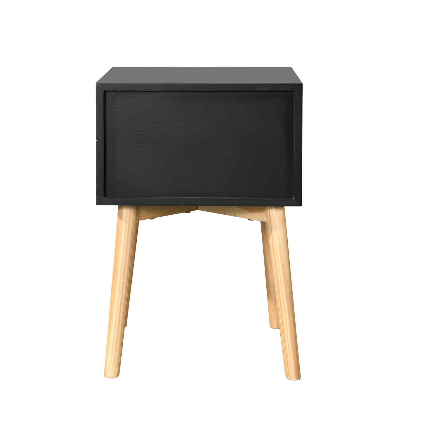 Black MDF nightstand with tapered wooden legs