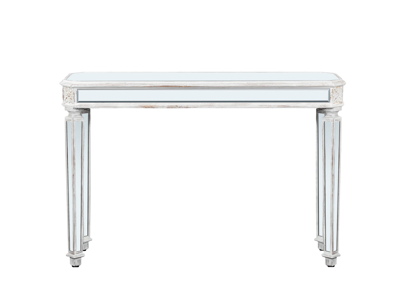 Antique white console table with mirrored legs and carved details
