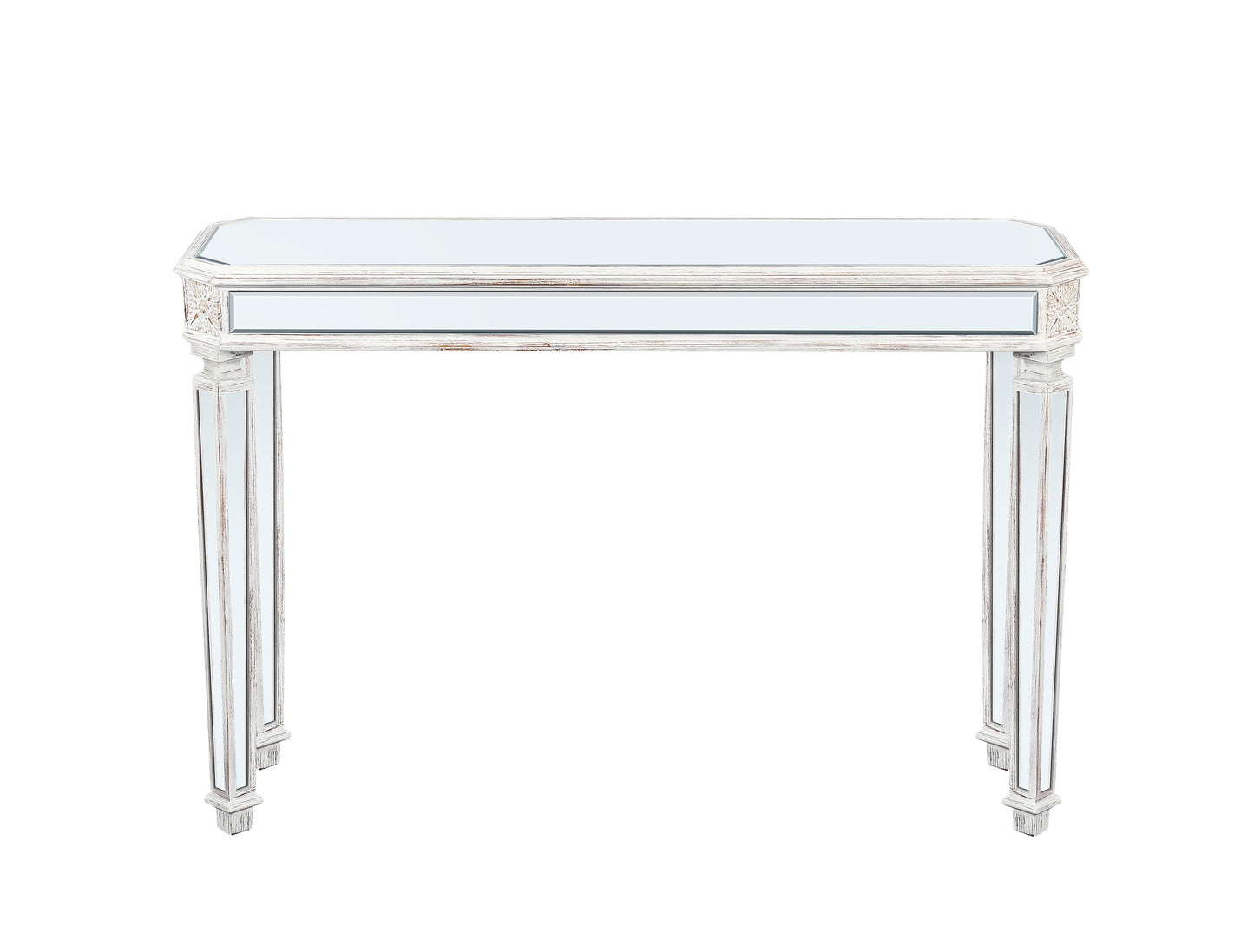 Antique mirrored console table with distressed white finish