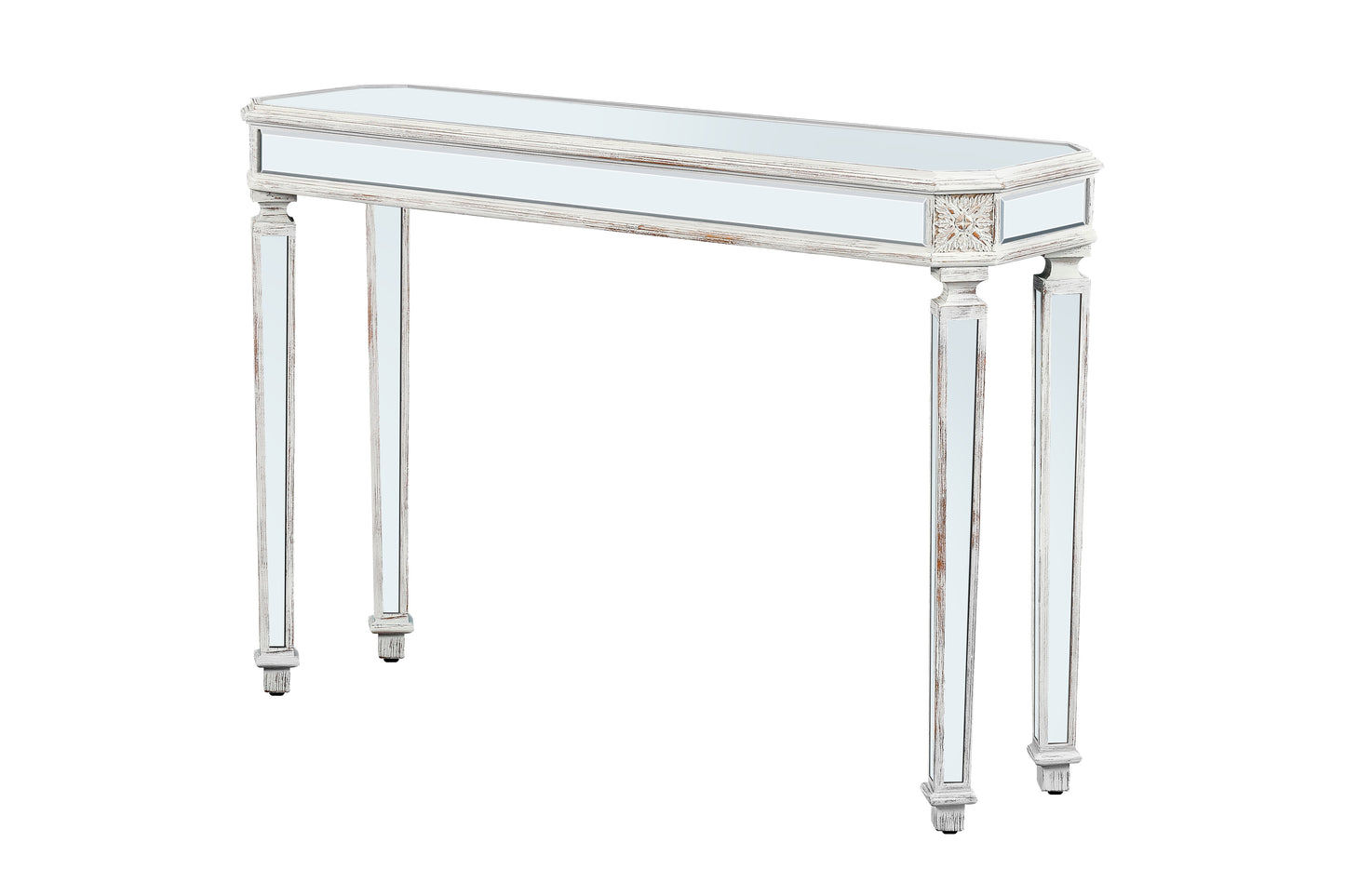 Distressed white mirrored console table with ornate detailing