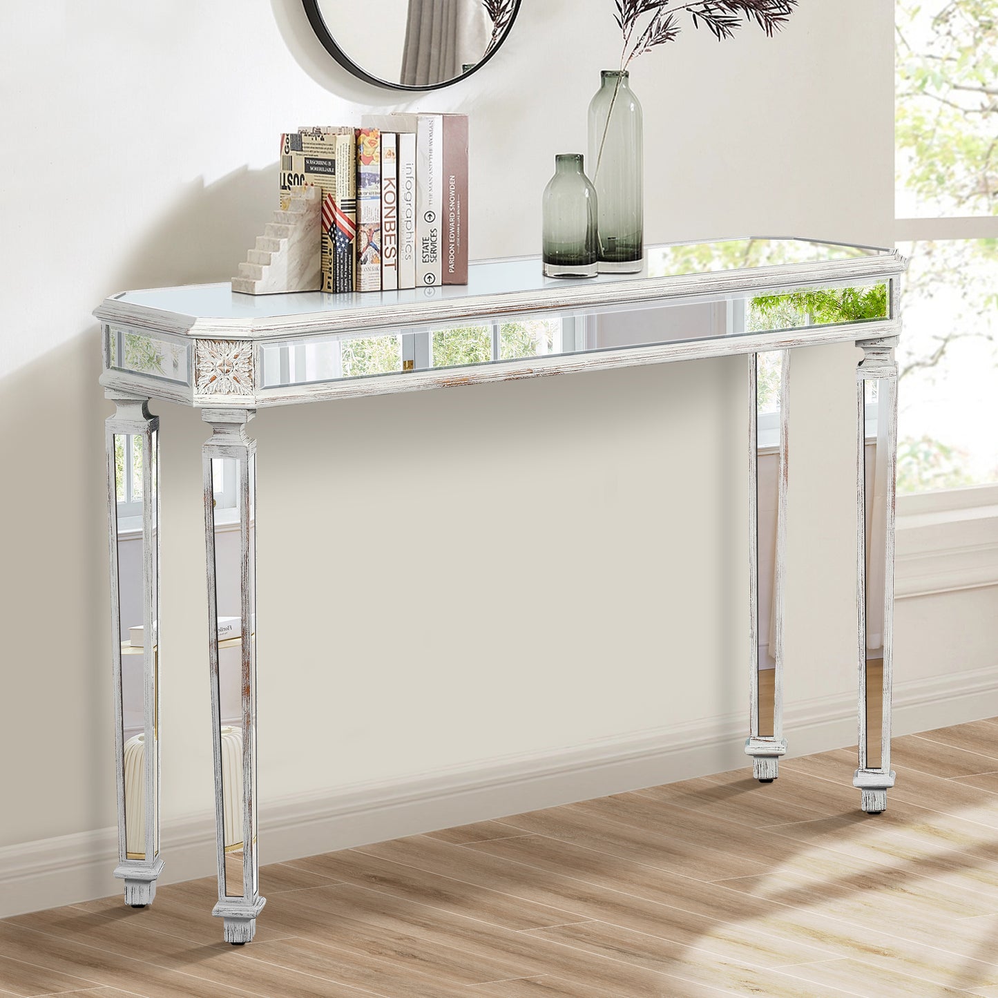 Antique white mirrored console table with ornate detailing