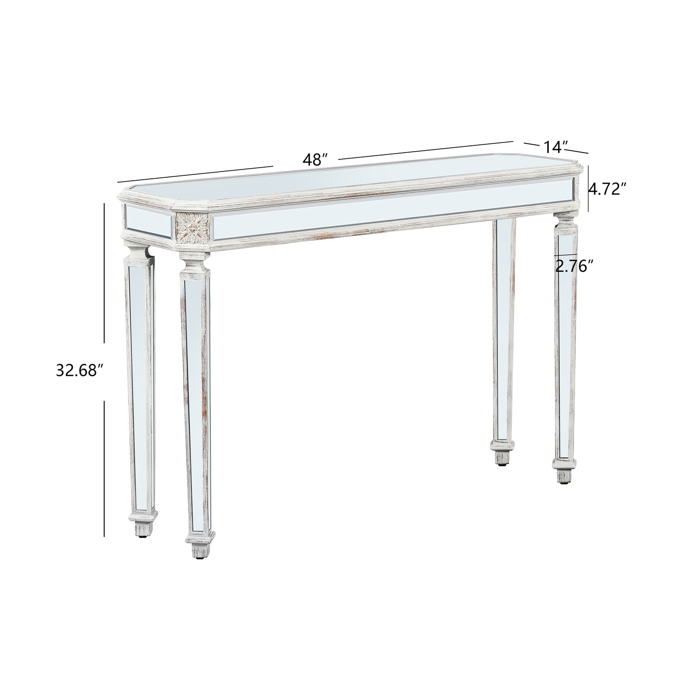 Distressed white mirrored console table with ornate carved details and tapered legs