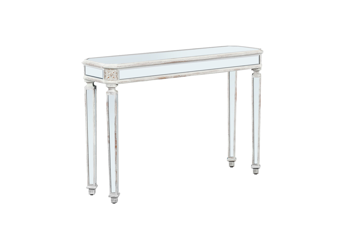 distressed white mirrored console table with carved details and tapered legs