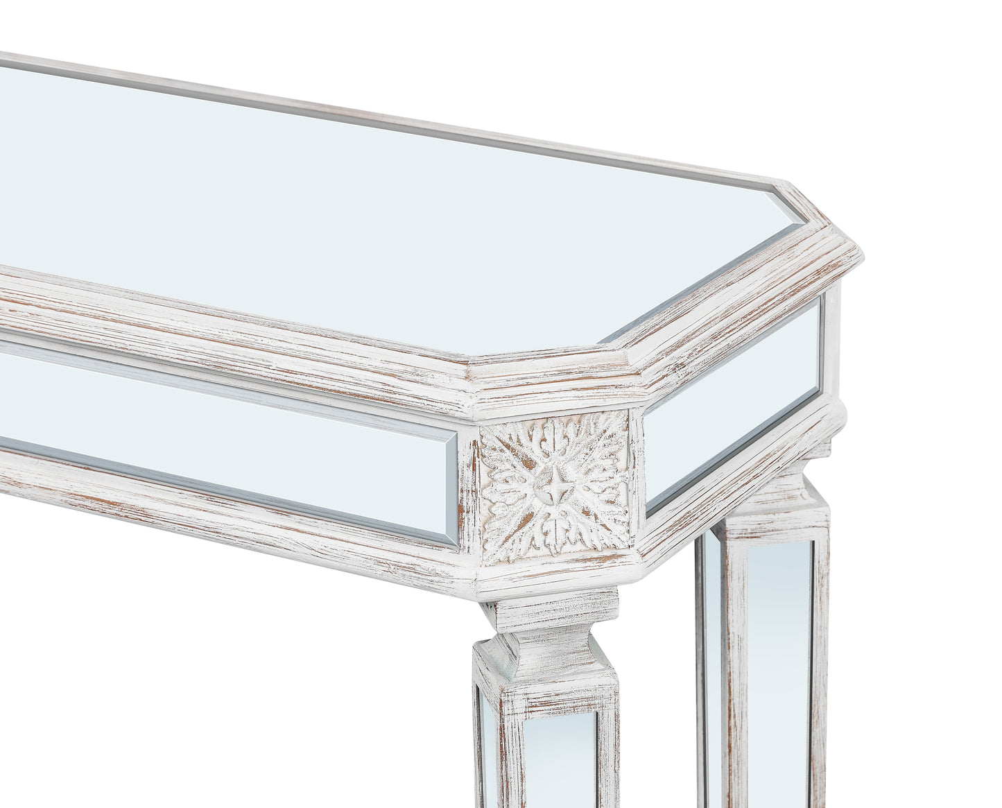 Distressed white wooden console table with mirrored panels and carved accents