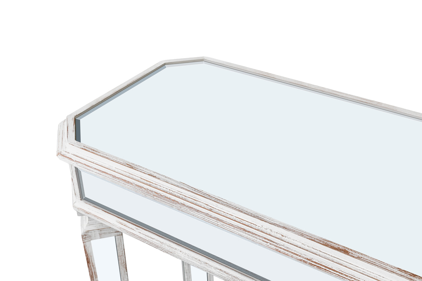 Distressed white wood and mirrored console table with beveled glass top