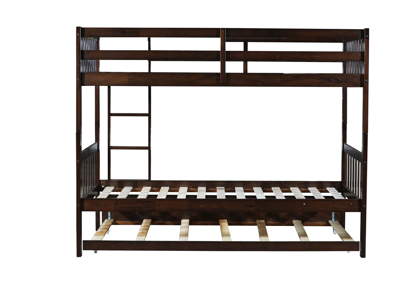 Dark brown wooden bunk bed with pullout trundle for kids