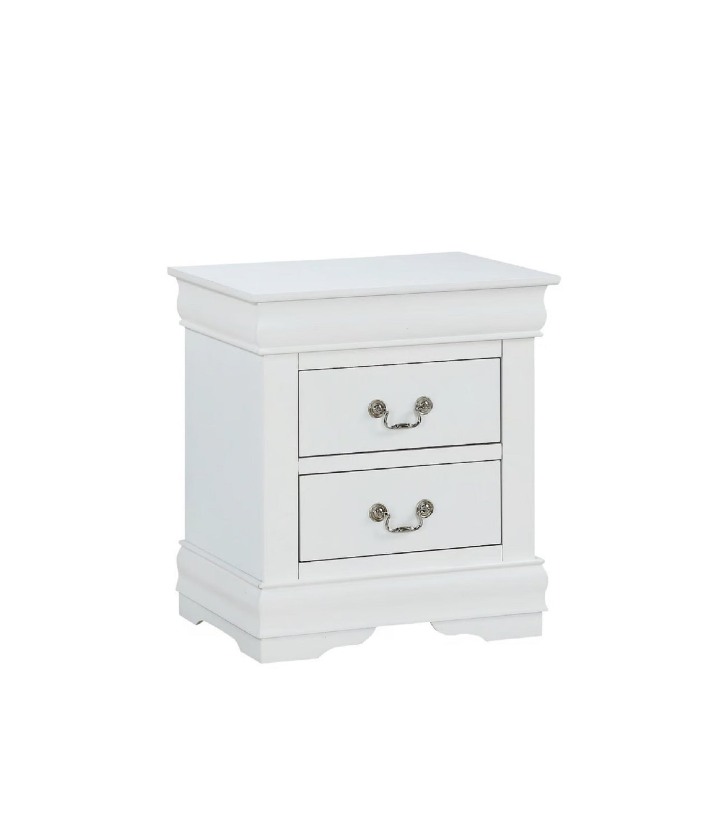 White twodrawer nightstand with ornate silver pulls