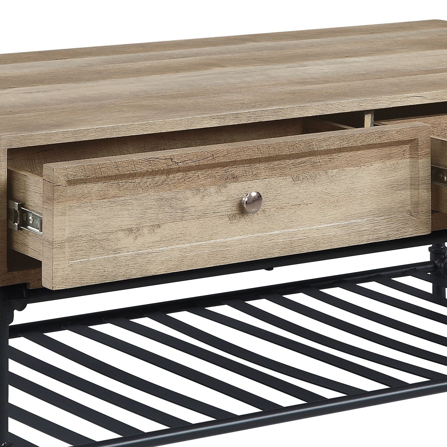 Rustic oak coffee table with one open drawer and silver knob
