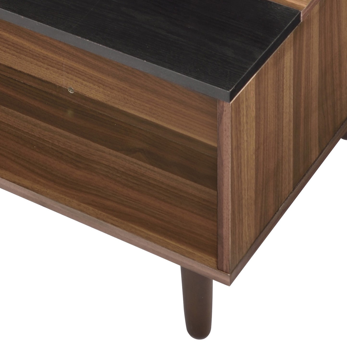 Walnut wood side table with open shelf and black top