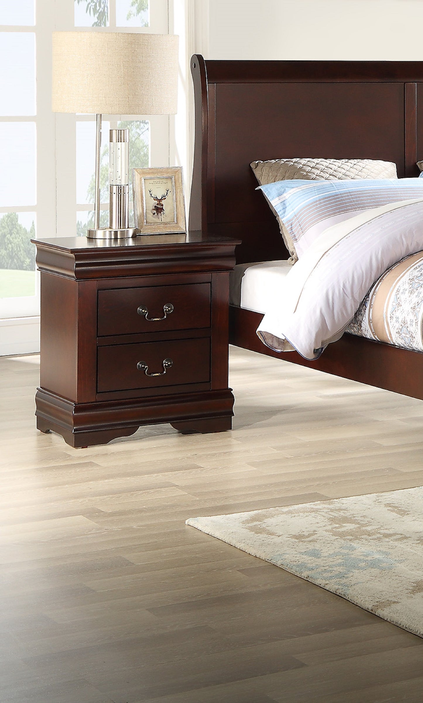 Dark wood traditional nightstand with two drawers and ornate pulls