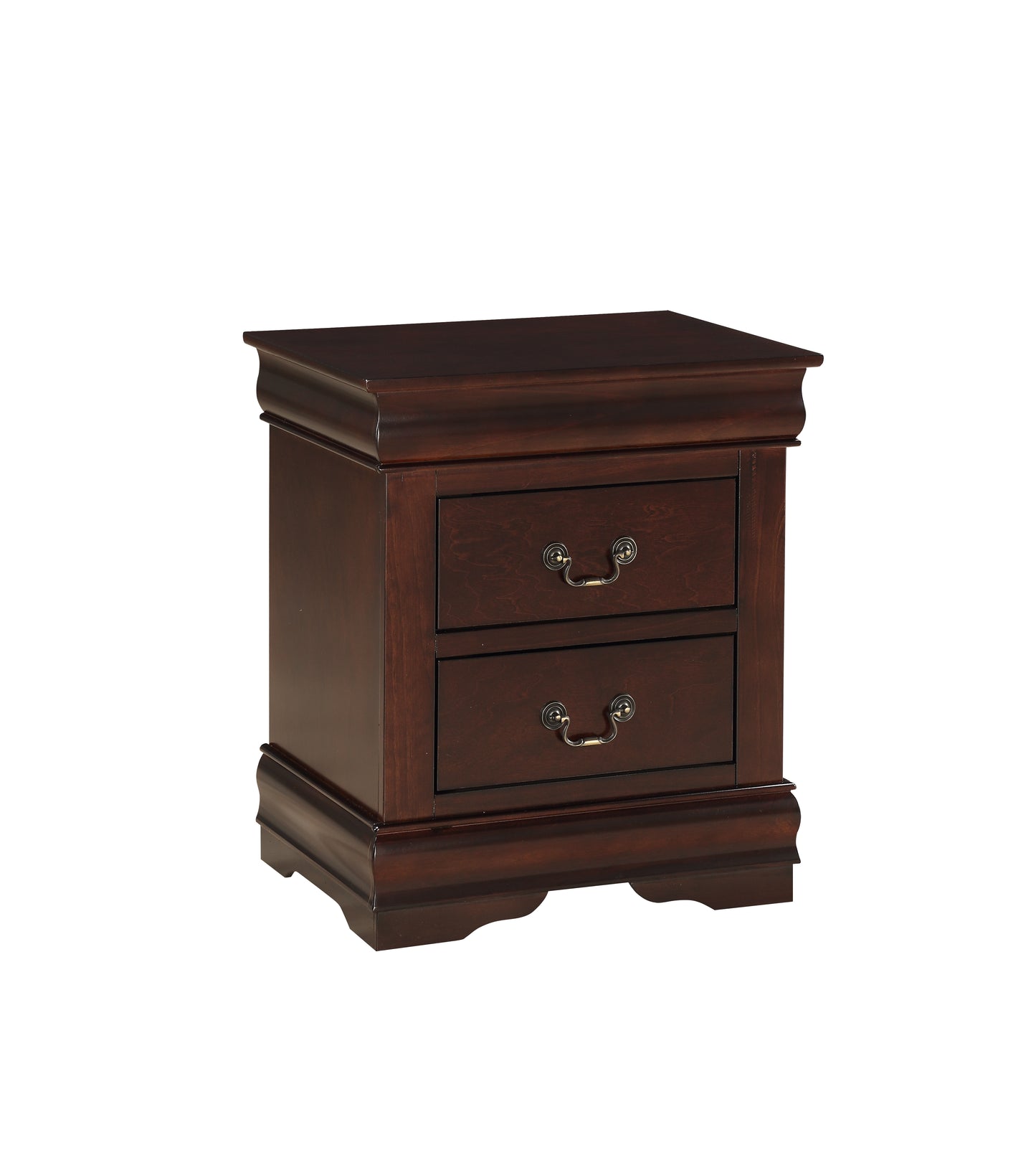 Dark cherry wood nightstand with two drawers and antique brass pulls