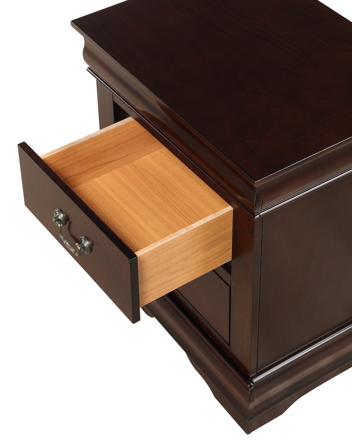 Dark brown wooden nightstand with an open drawer