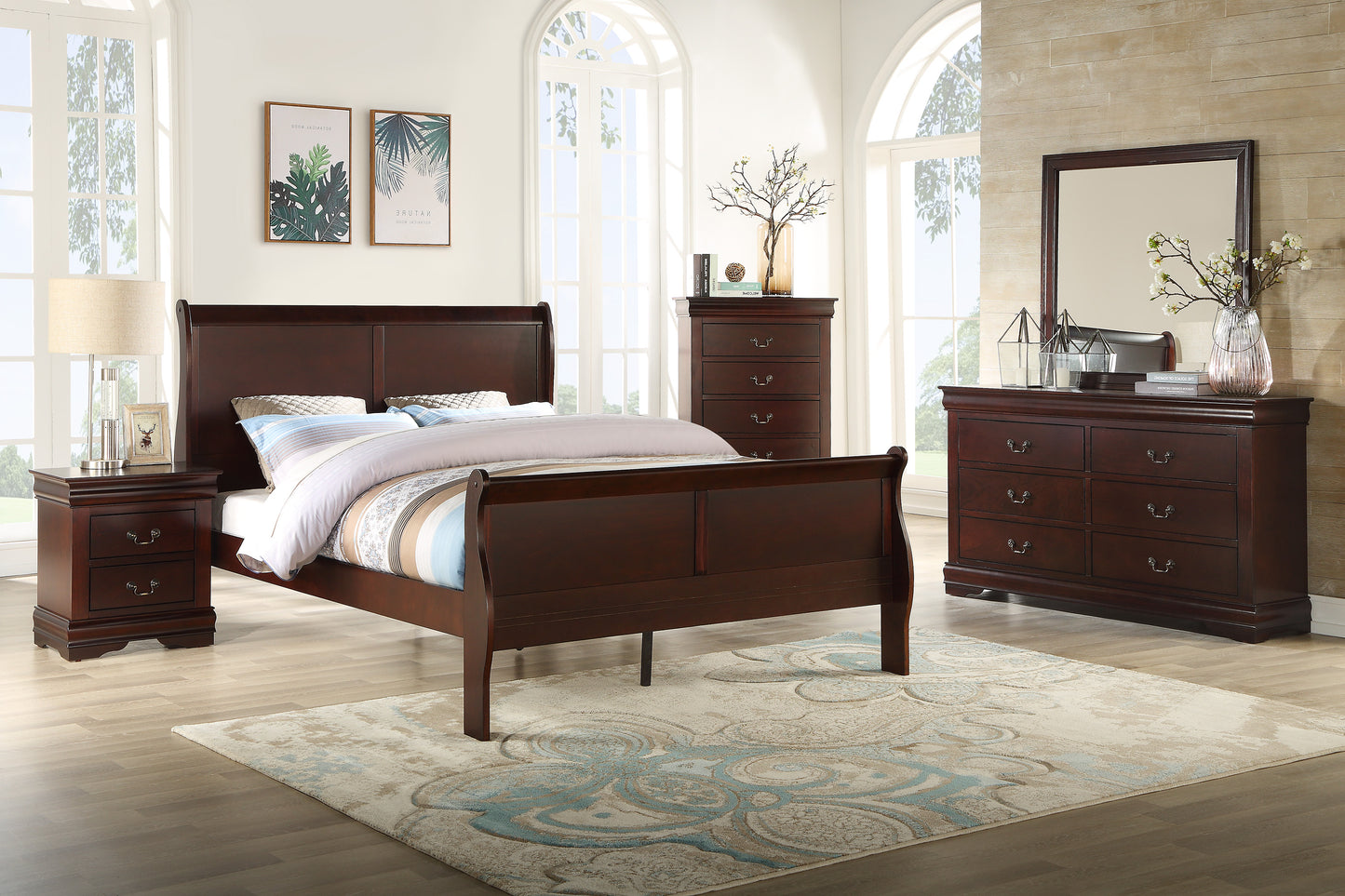 Dark wood sleigh bed with upholstered headboard and matching nightstand
