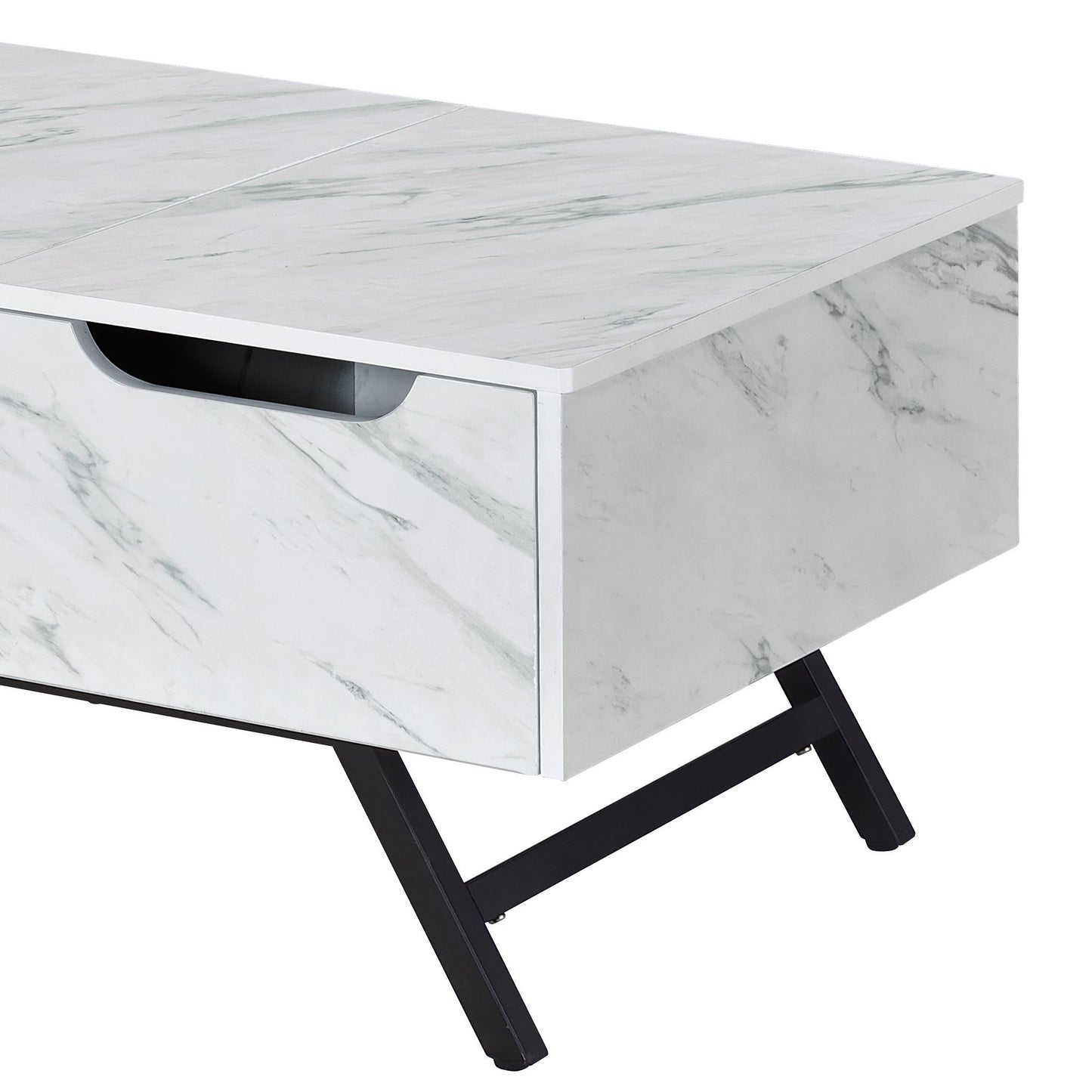 White marble coffee table with open drawer and black metal legs