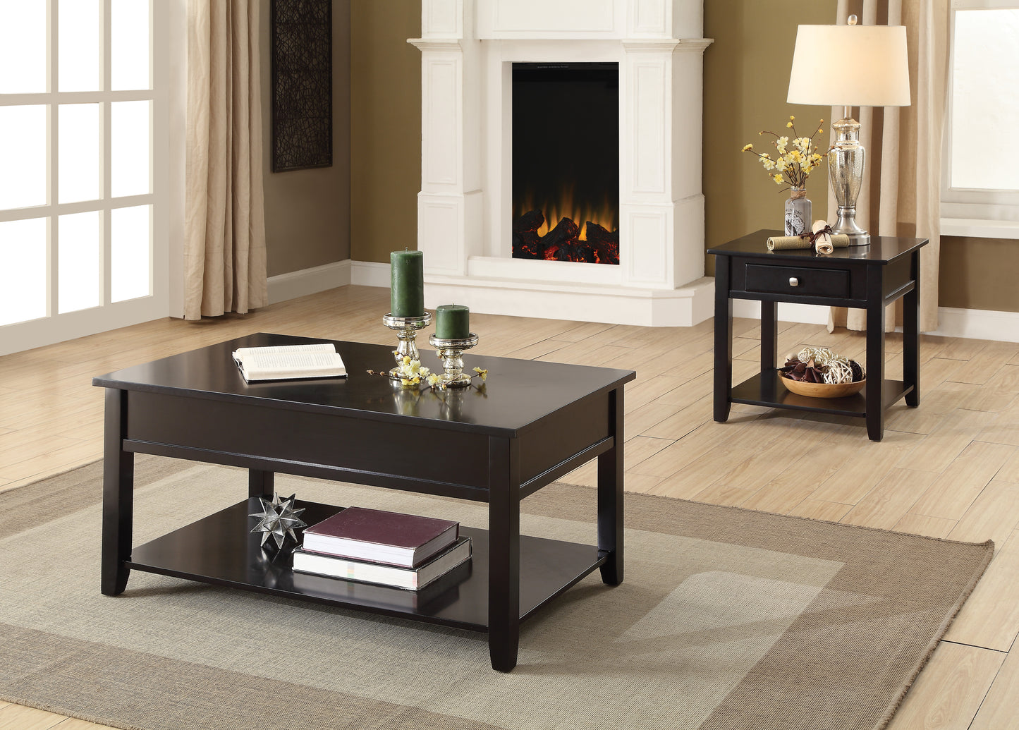 Dark brown wooden coffee table with storage shelf showcasing a book and decorative starburst