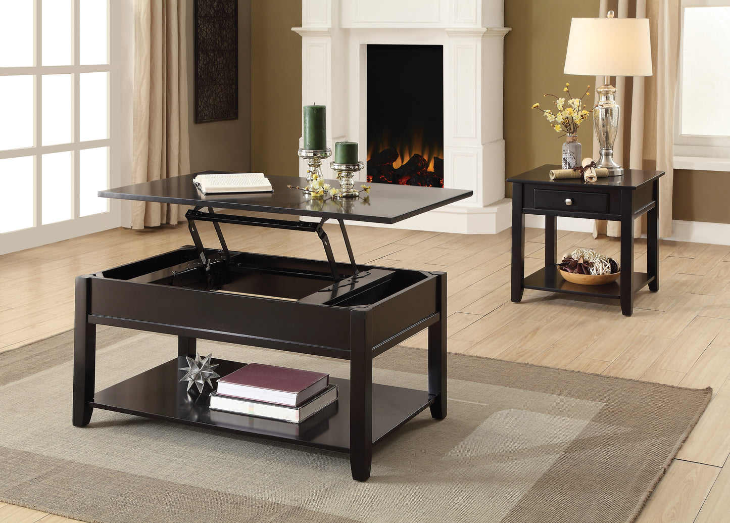 Dark brown lifttop coffee table with open storage and dual shelves