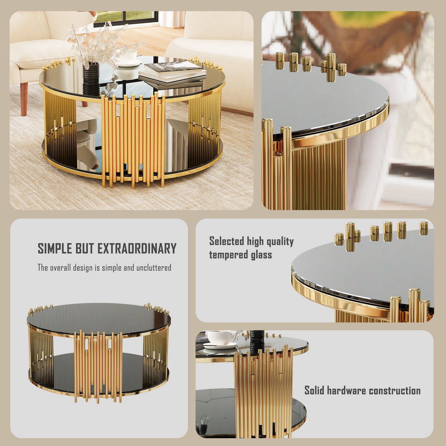 Round black glass coffee table with gold metal frame