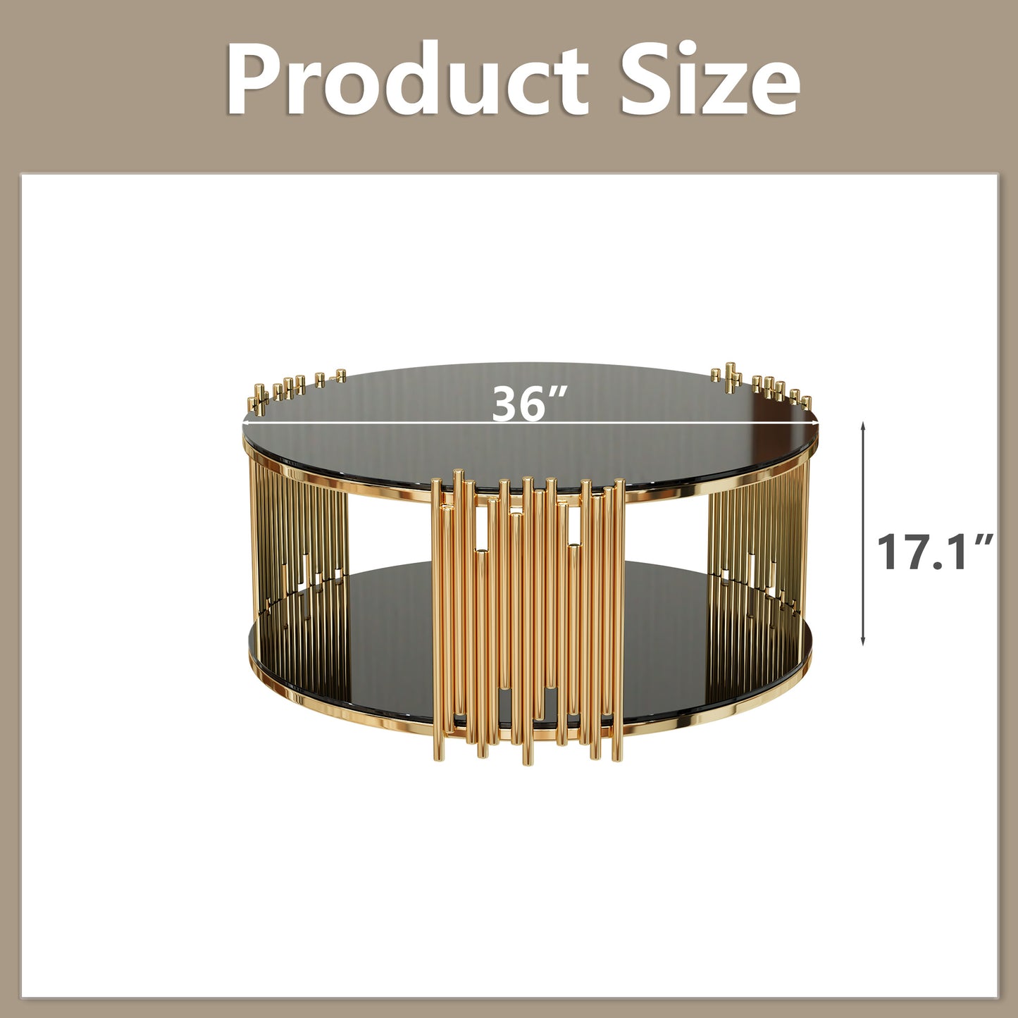 Round coffee table with mirrored black glass top and gold metal tube base inches diameter