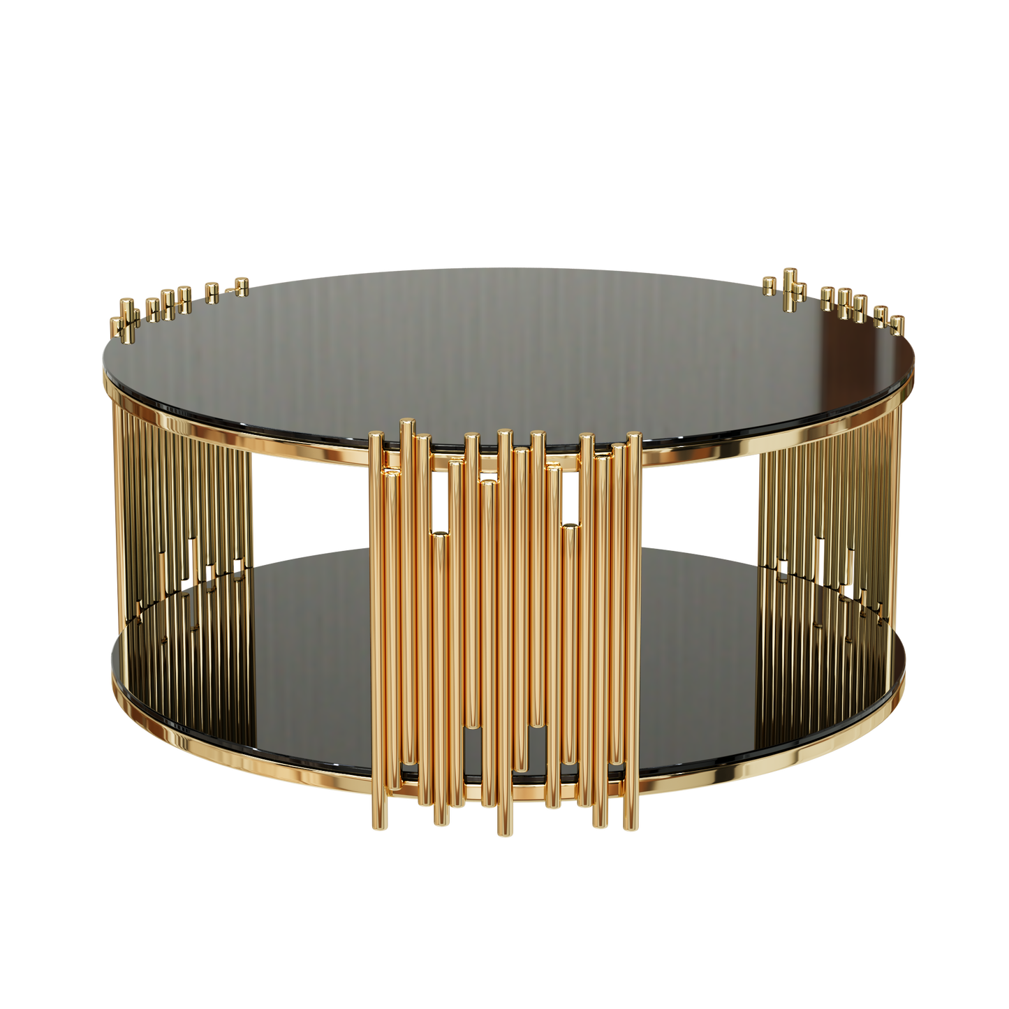 Round black glass coffee table with gold metal accents