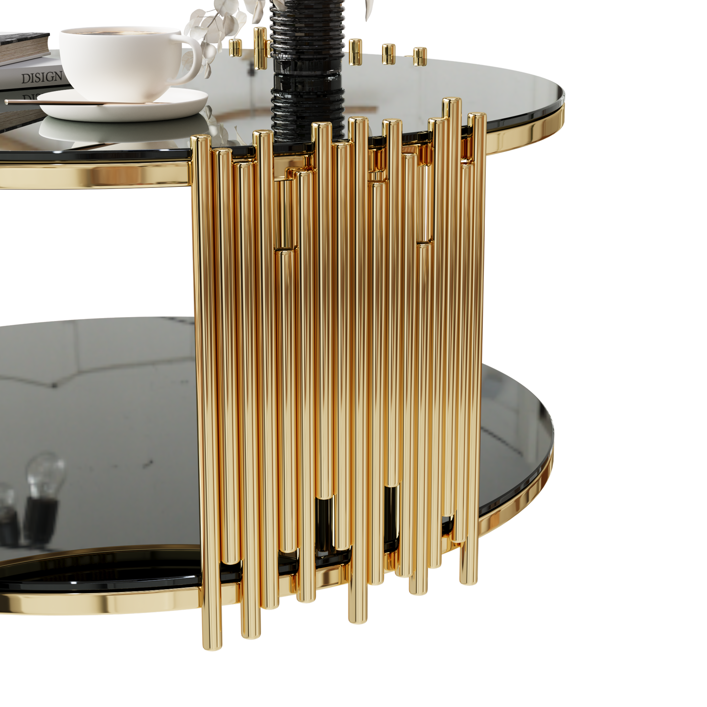 Modern gold accent table with mirrored glass top and decorative ribbed gold base