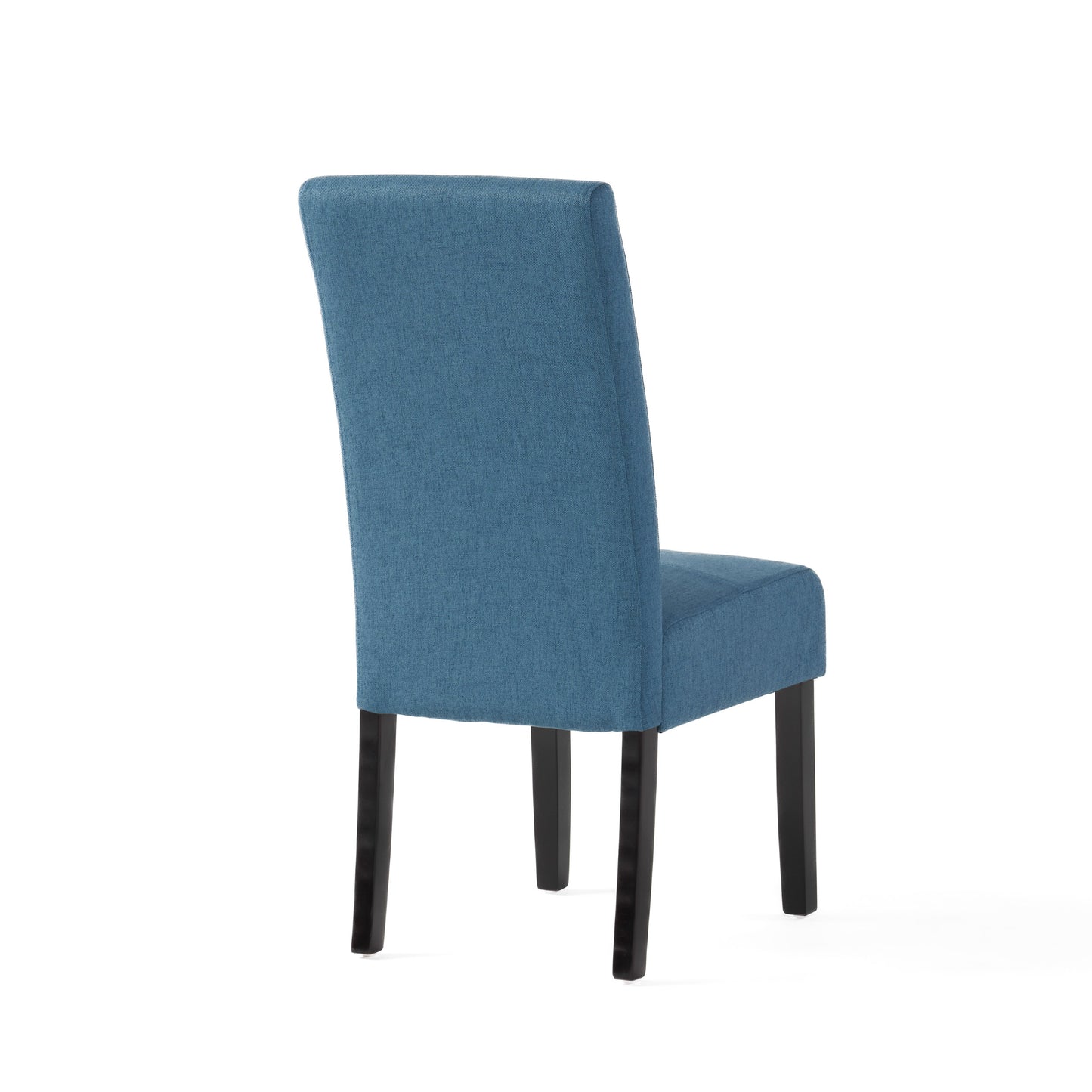Tufted blue fabric dining chair with dark wooden legs