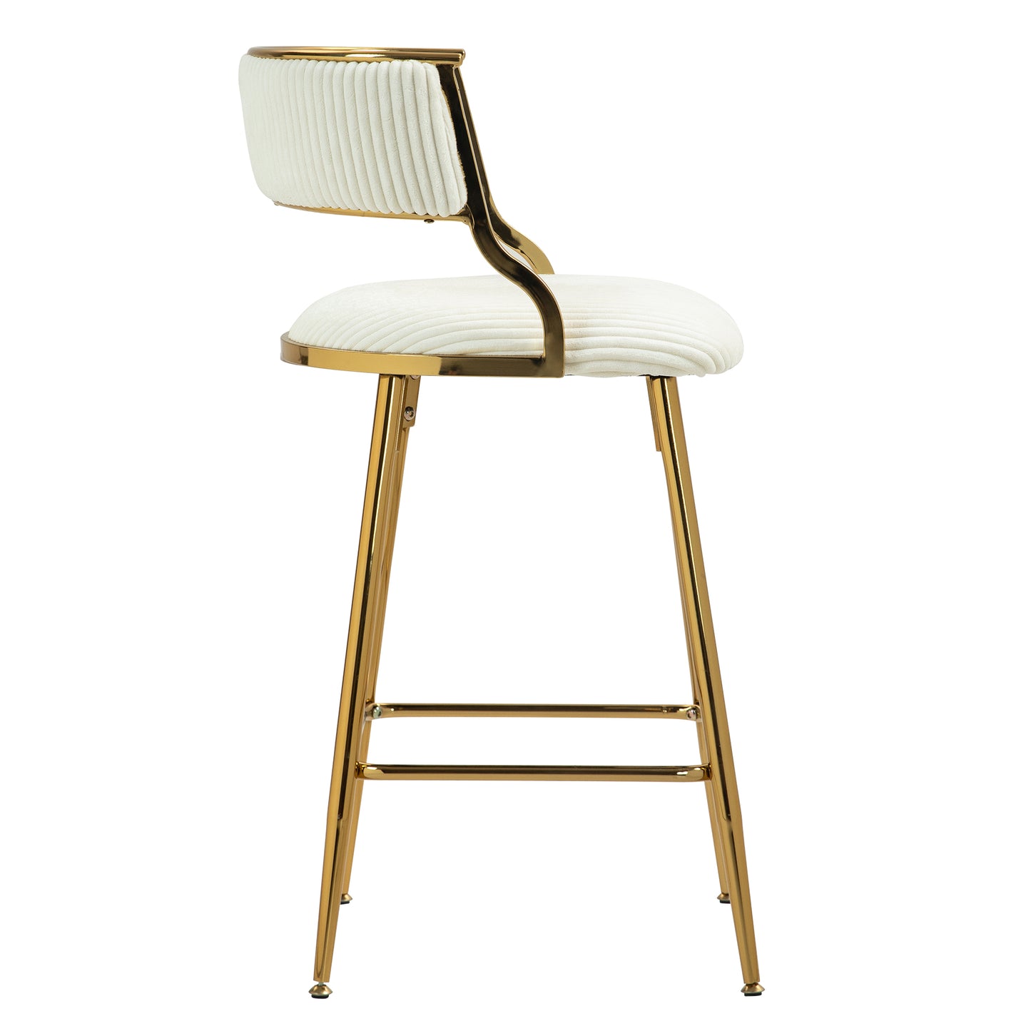 White corduroy bar stool with gold metal legs and frame