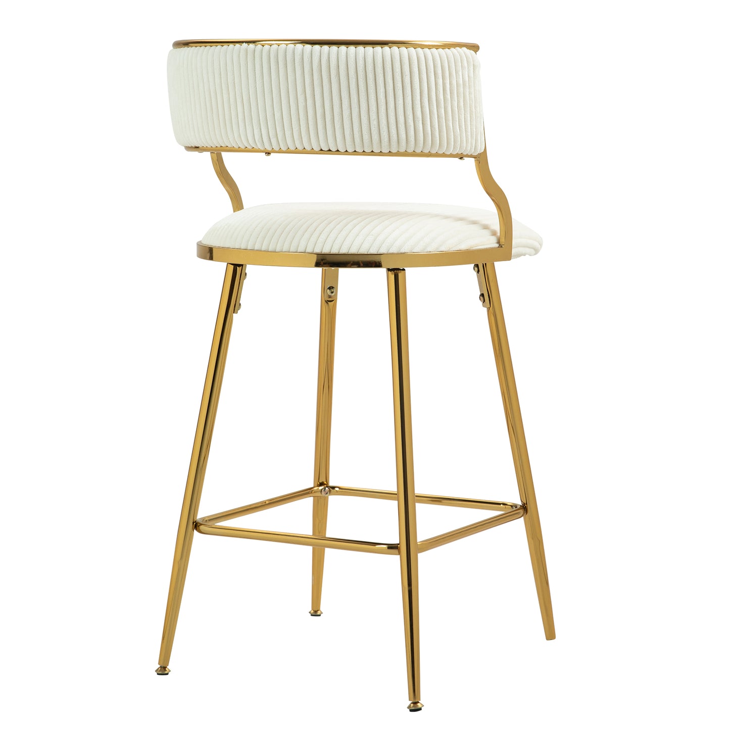White corduroy bar stool with gold frame and legs