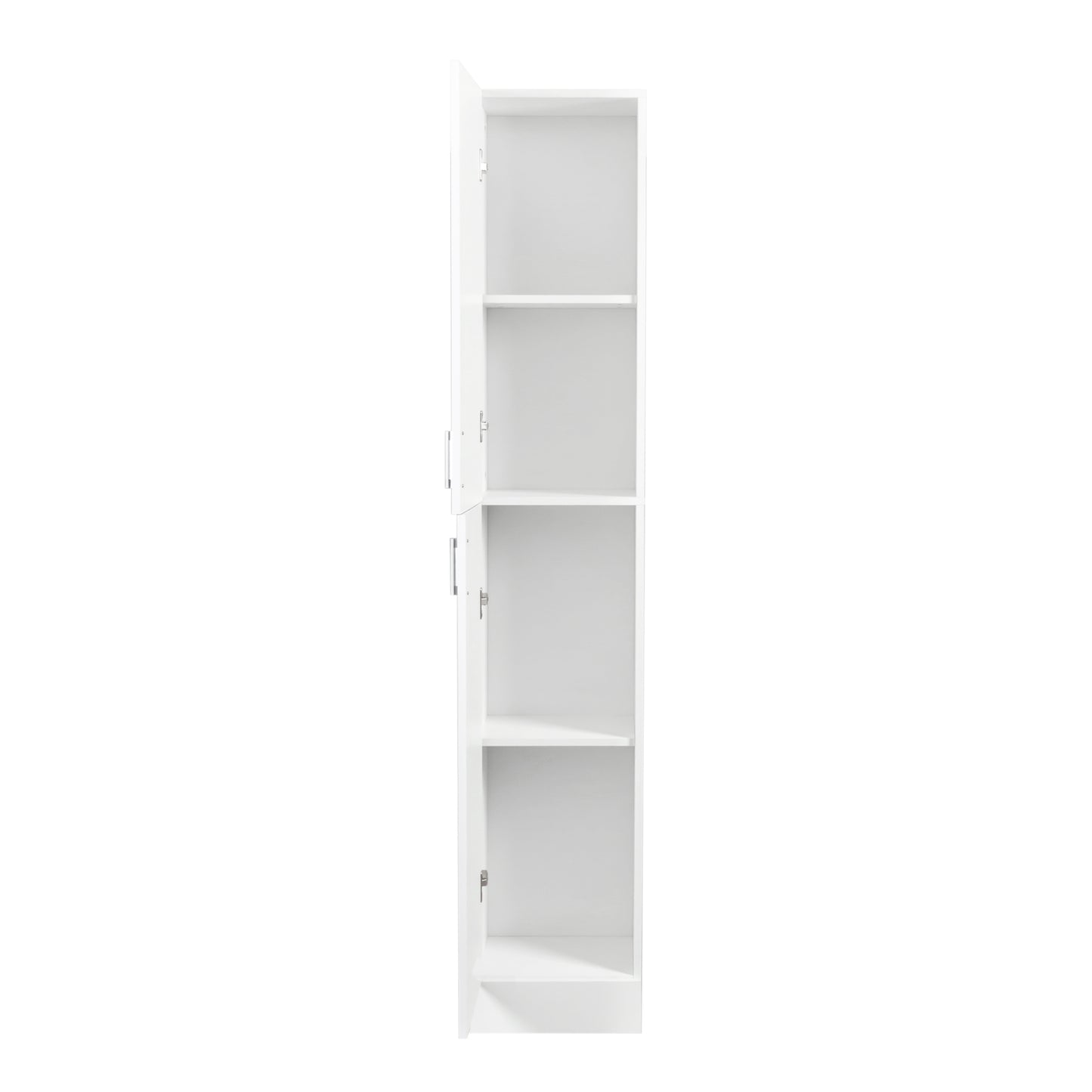 White tall narrow storage cabinet with open door and shelves