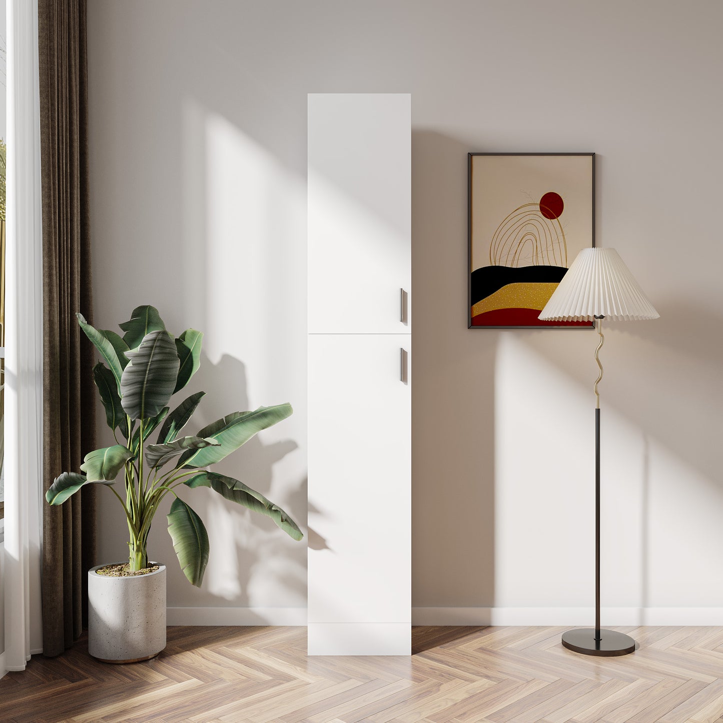 Tall white storage cabinet with two doors