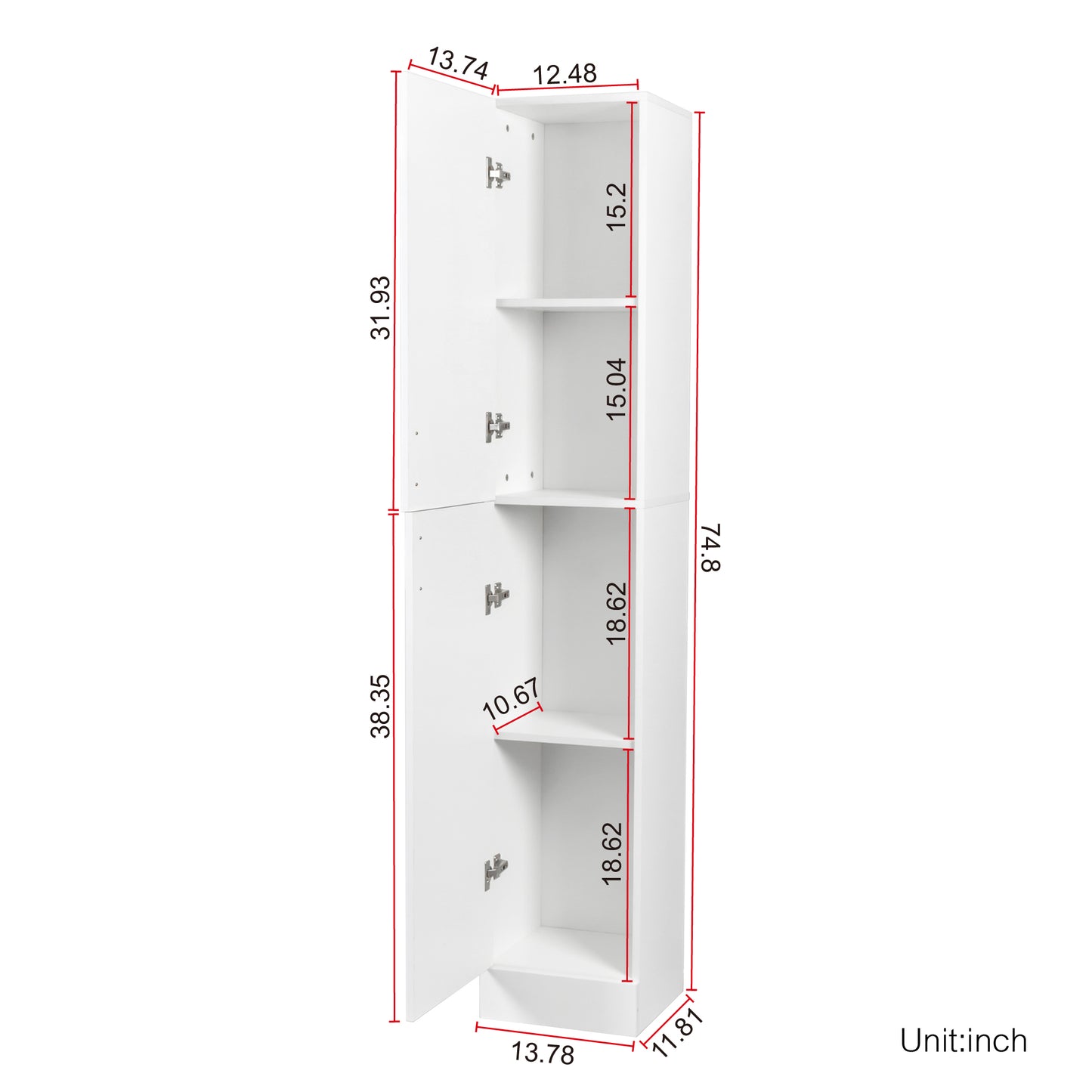 White narrow storage cabinet with two doors and three shelves