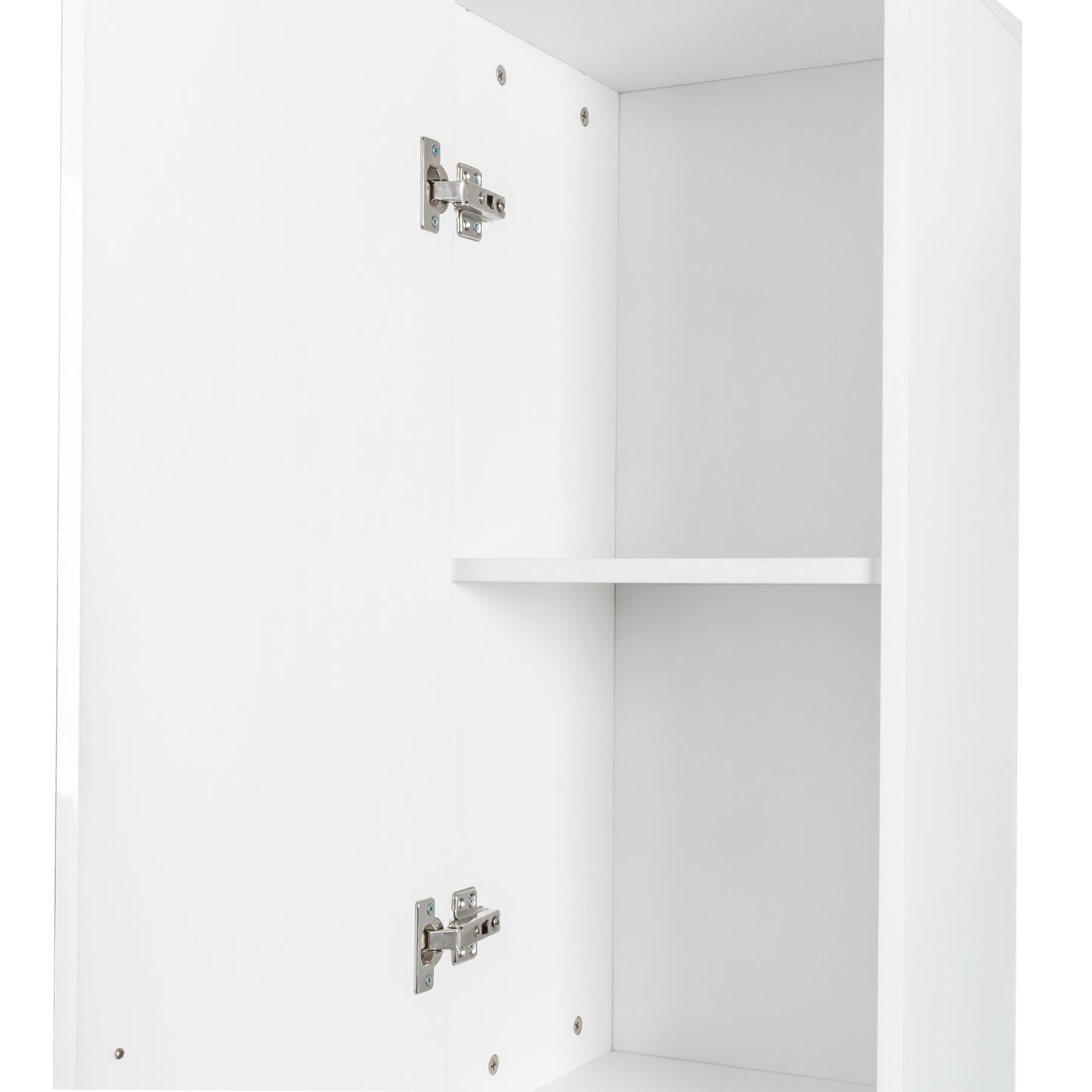 Interior view of a white cabinet with silver hinges and one shelf