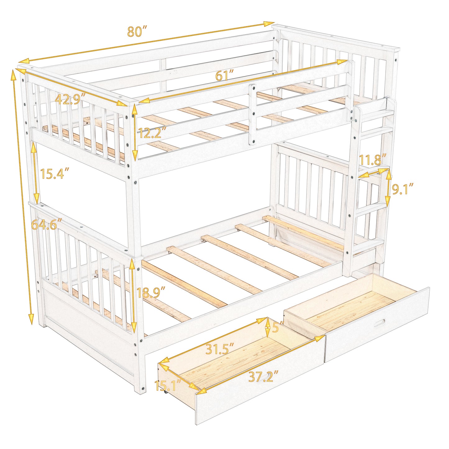 White wooden bunk bed with integrated drawers and dimensions labeled