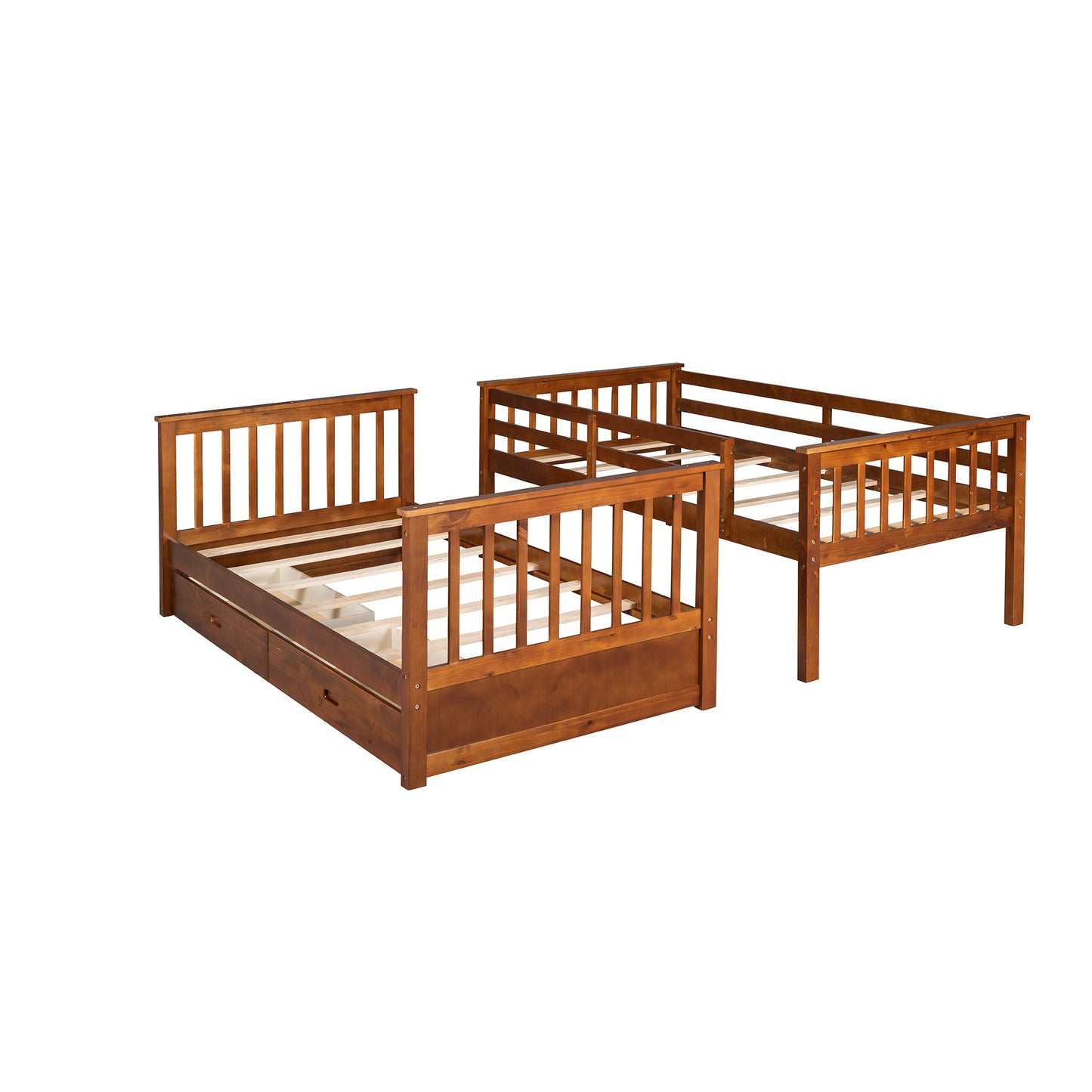 Wooden twin over twin bunk bed frame in walnut finish with ladder