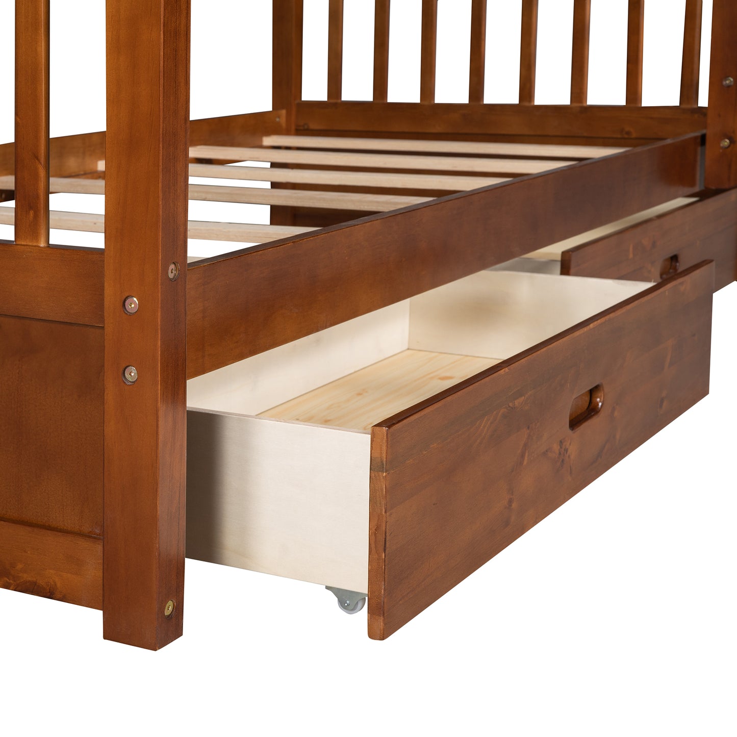 Cherry wood twin bed frame with two underbed storage drawers open