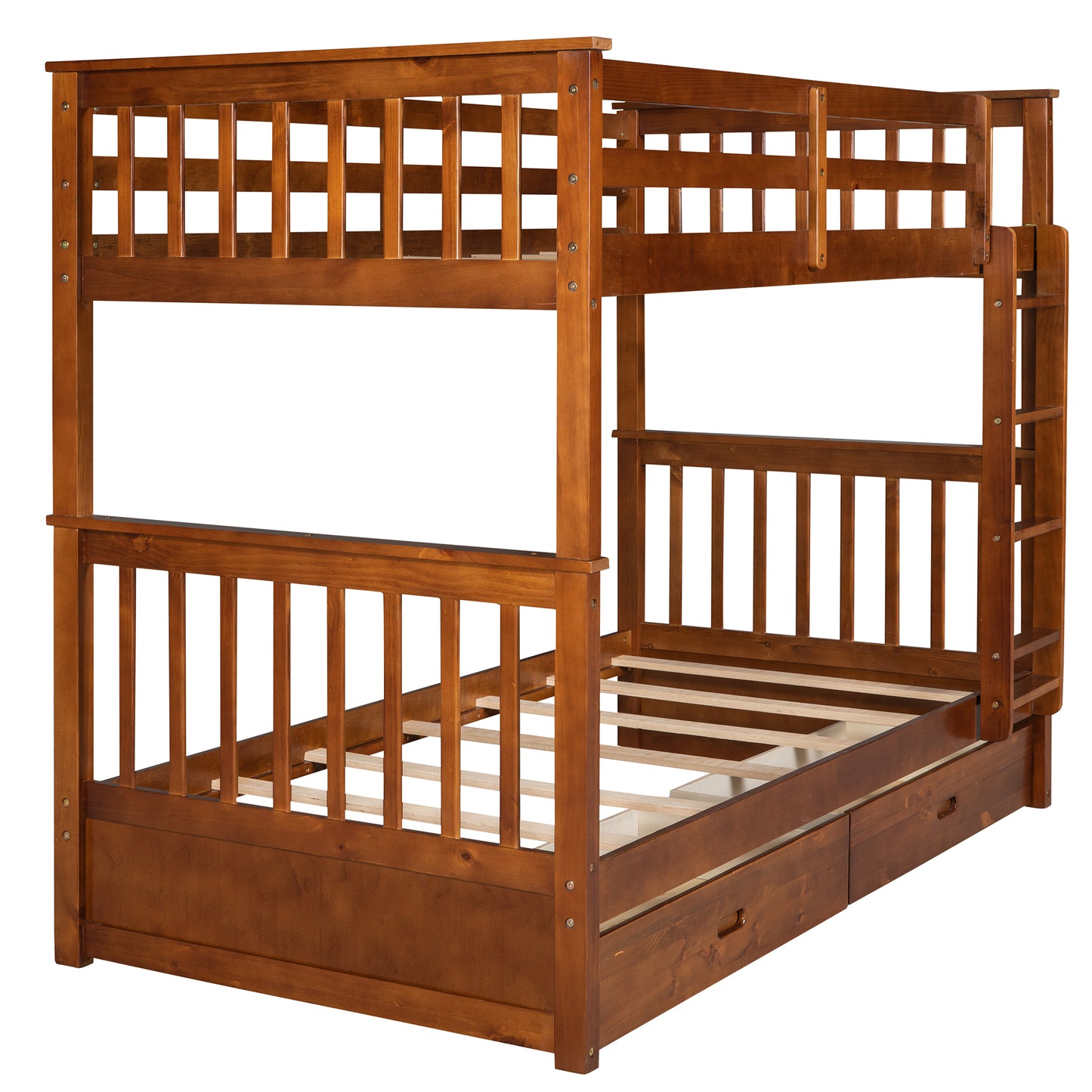 Solid wood twin over twin bunk bed with builtin drawers and ladder