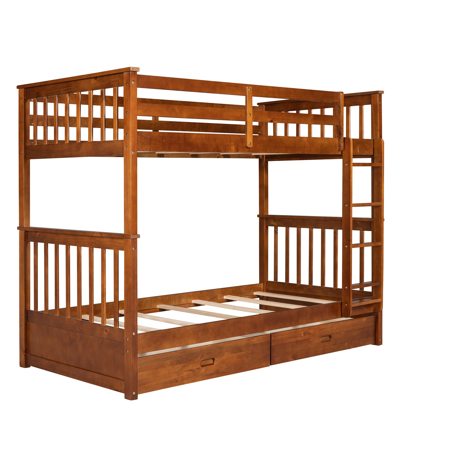 Wooden bunk bed with drawers in rich honey finish