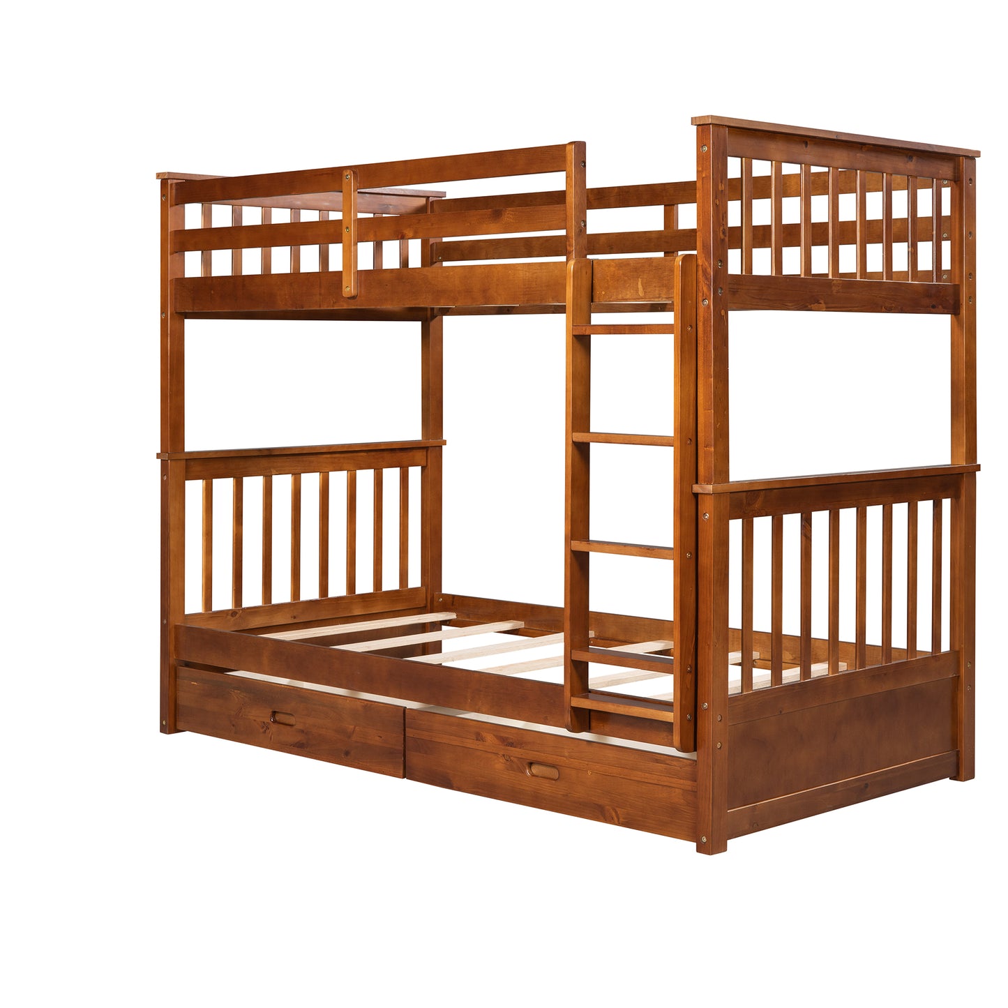 Wooden triple bunk bed with ladder and storage drawers