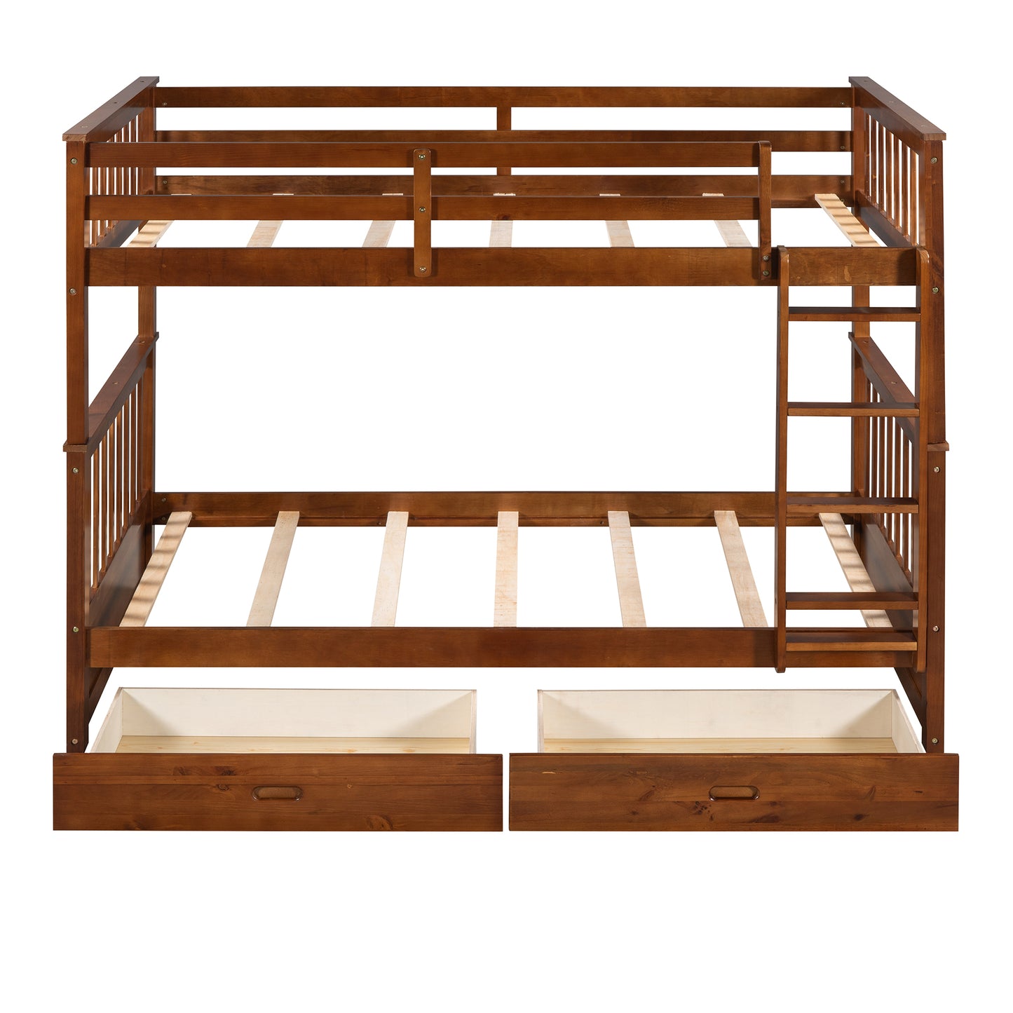 Rich brown solid wood bunk bed with ladder and two storage drawers