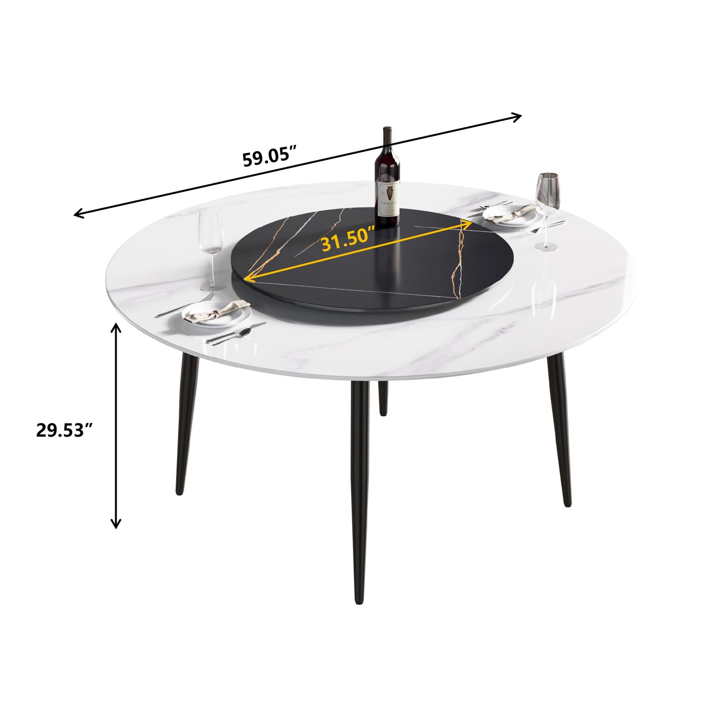 Round marble dining table with a rotating black centerpiece