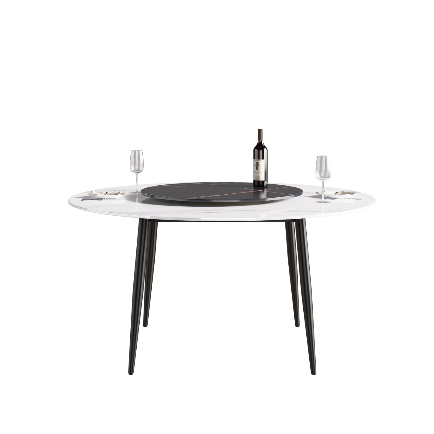 Modern round dining table with white marble top and black legs set for two with wine
