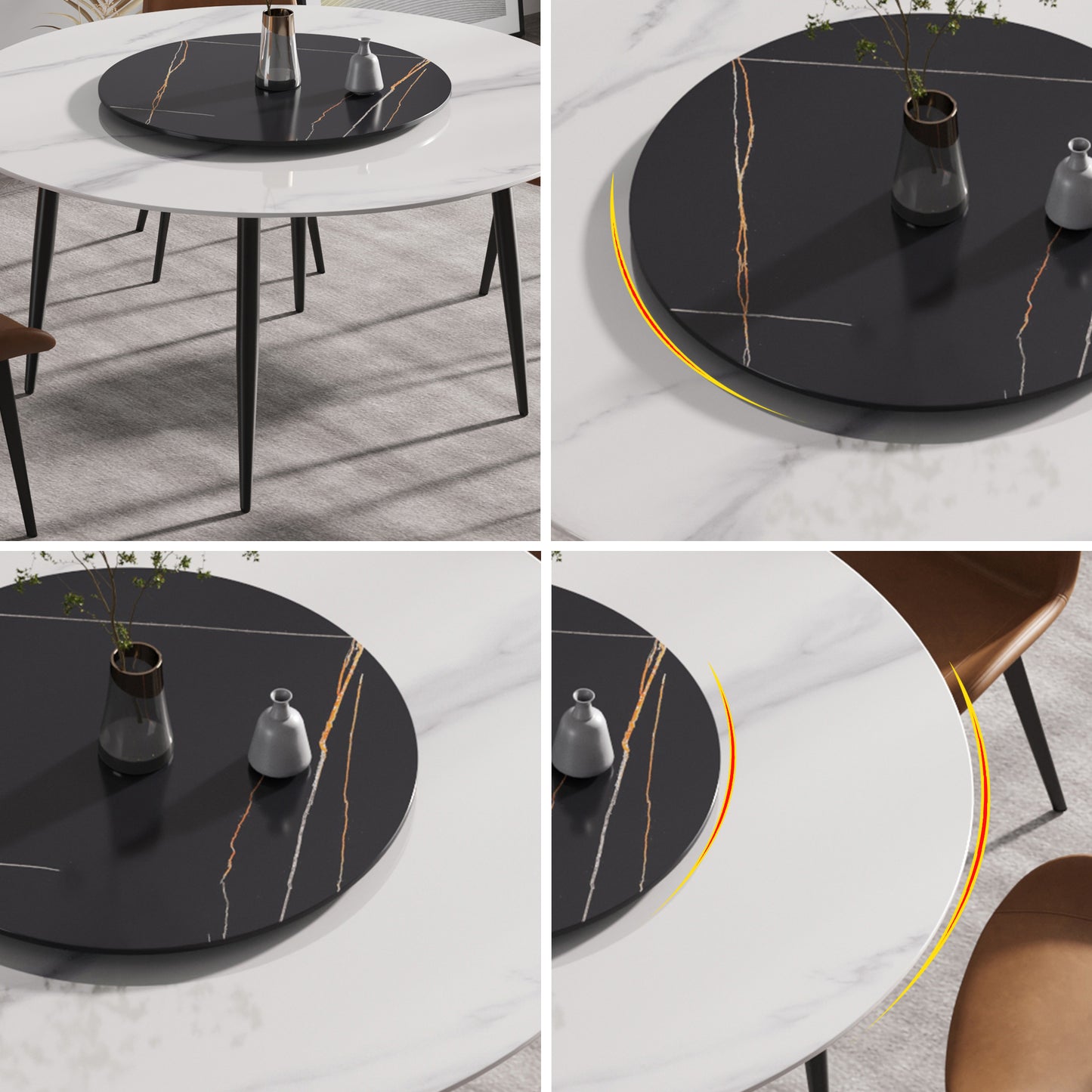 Round white marble dining table with black rotating tray