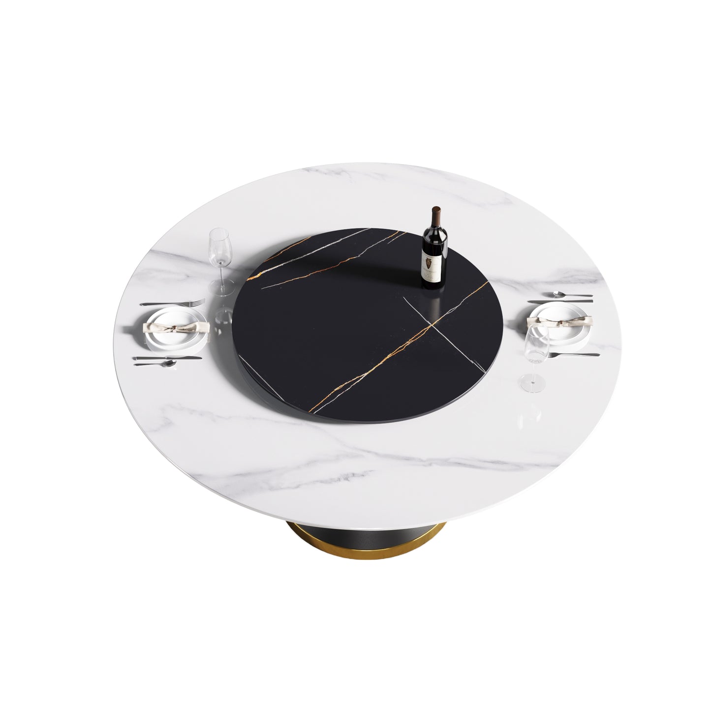 Modern white marble dining table with rotating black marble centerpiece
