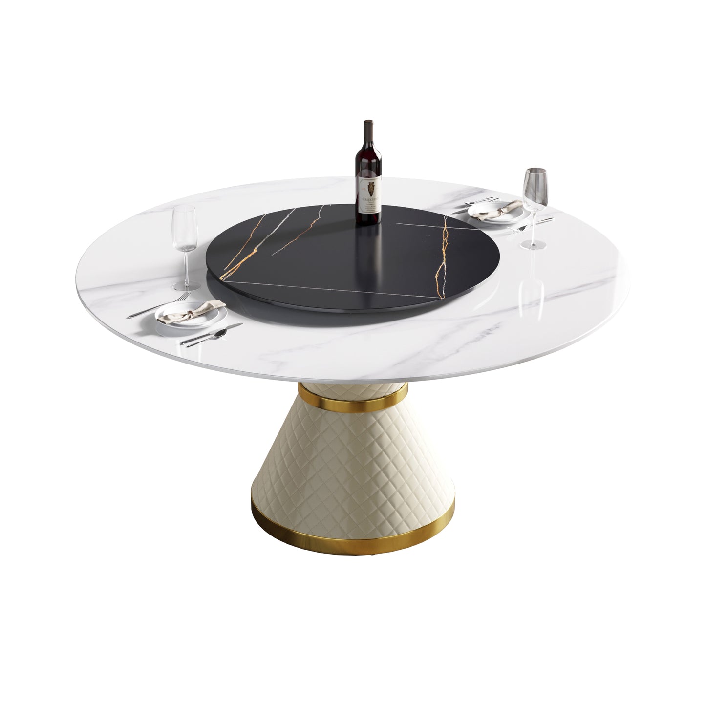 Round white marble dining table with a black rotating tray and gold accents
