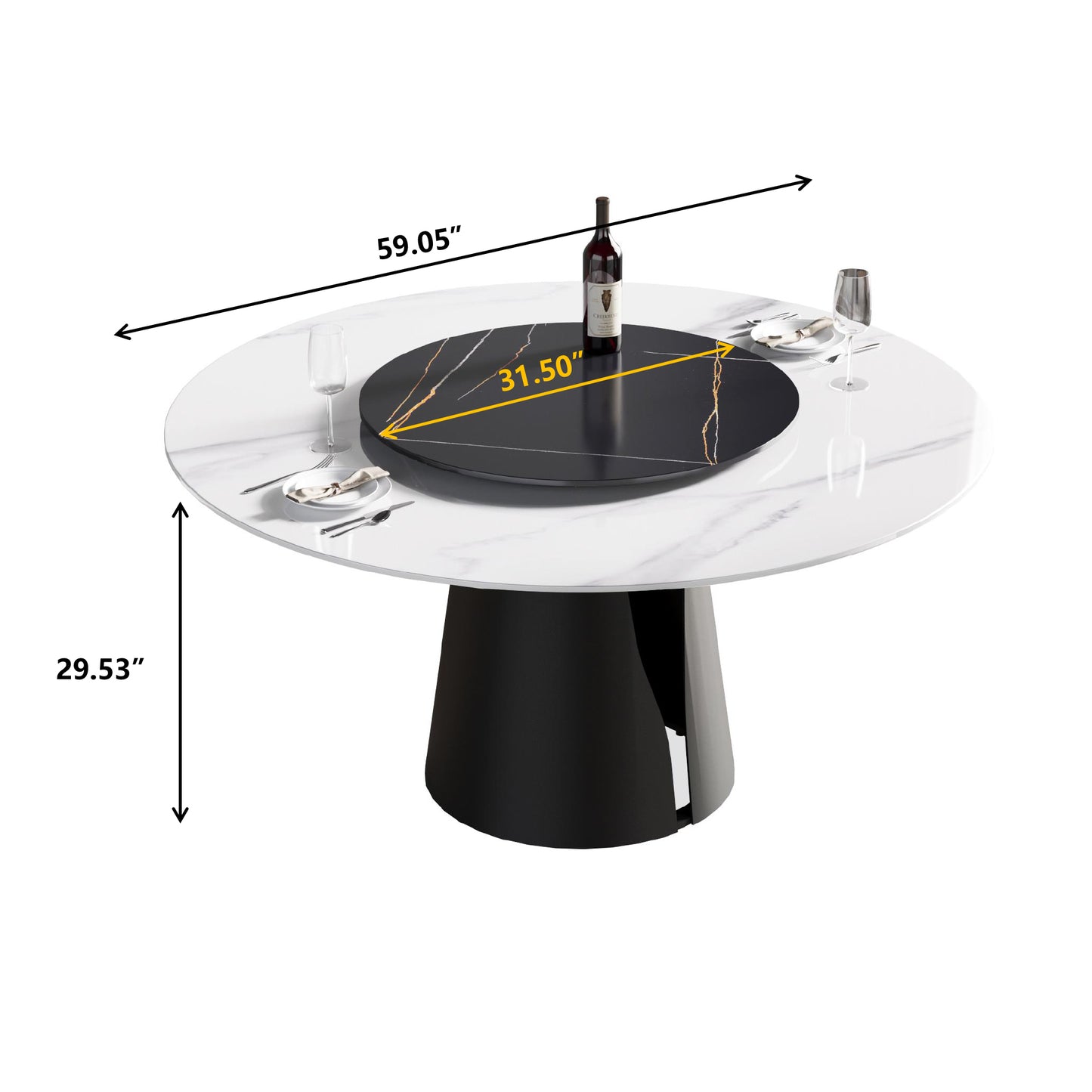 Modern round dining table with white marble top and black rotating tray