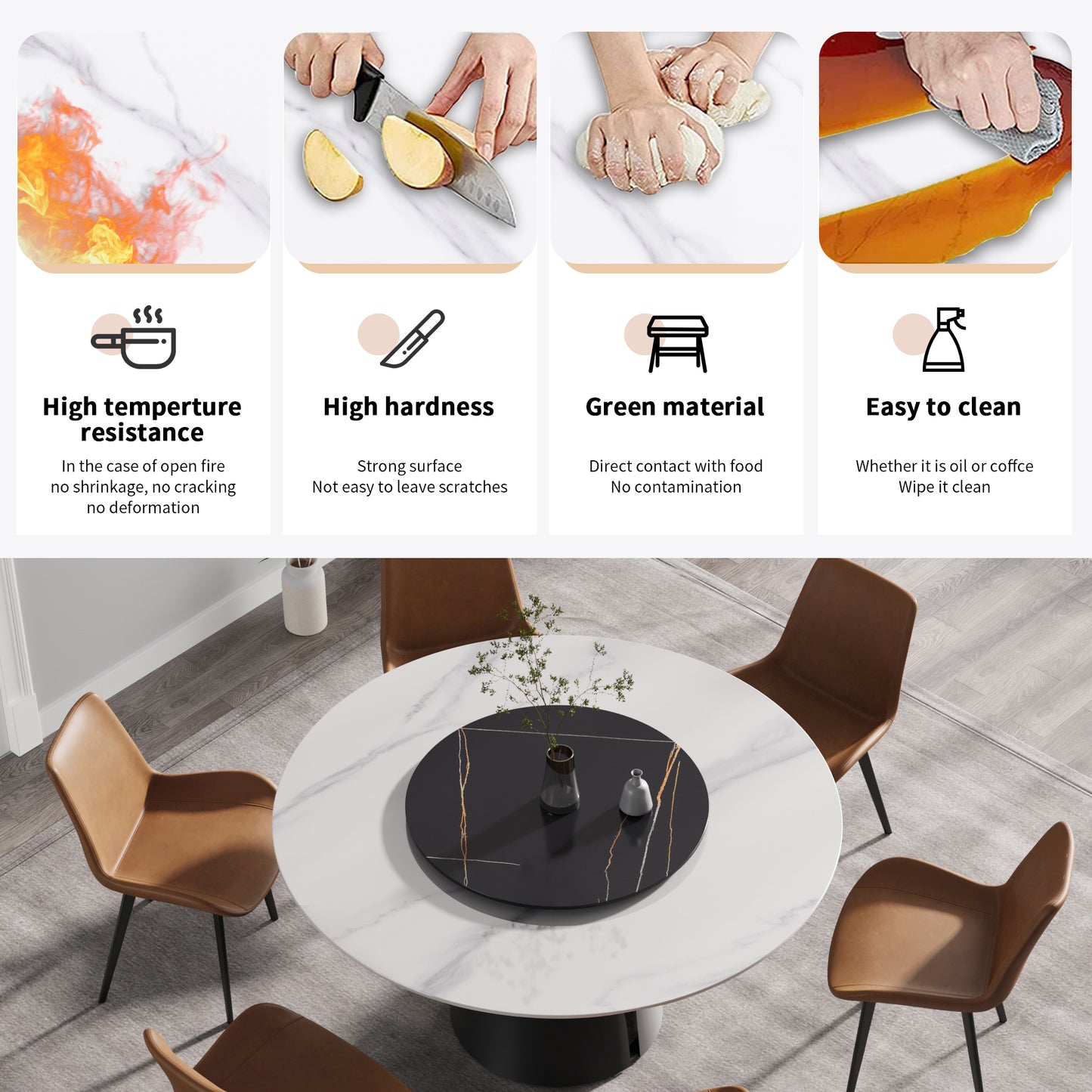 White marble dining table with brown leather chairs