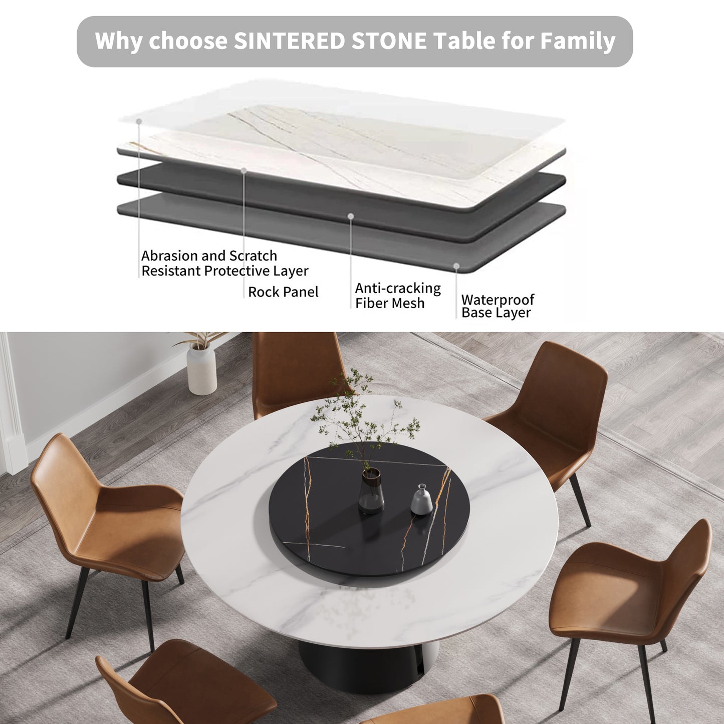 Round white marble sintered stone dining table with black lazy susan
