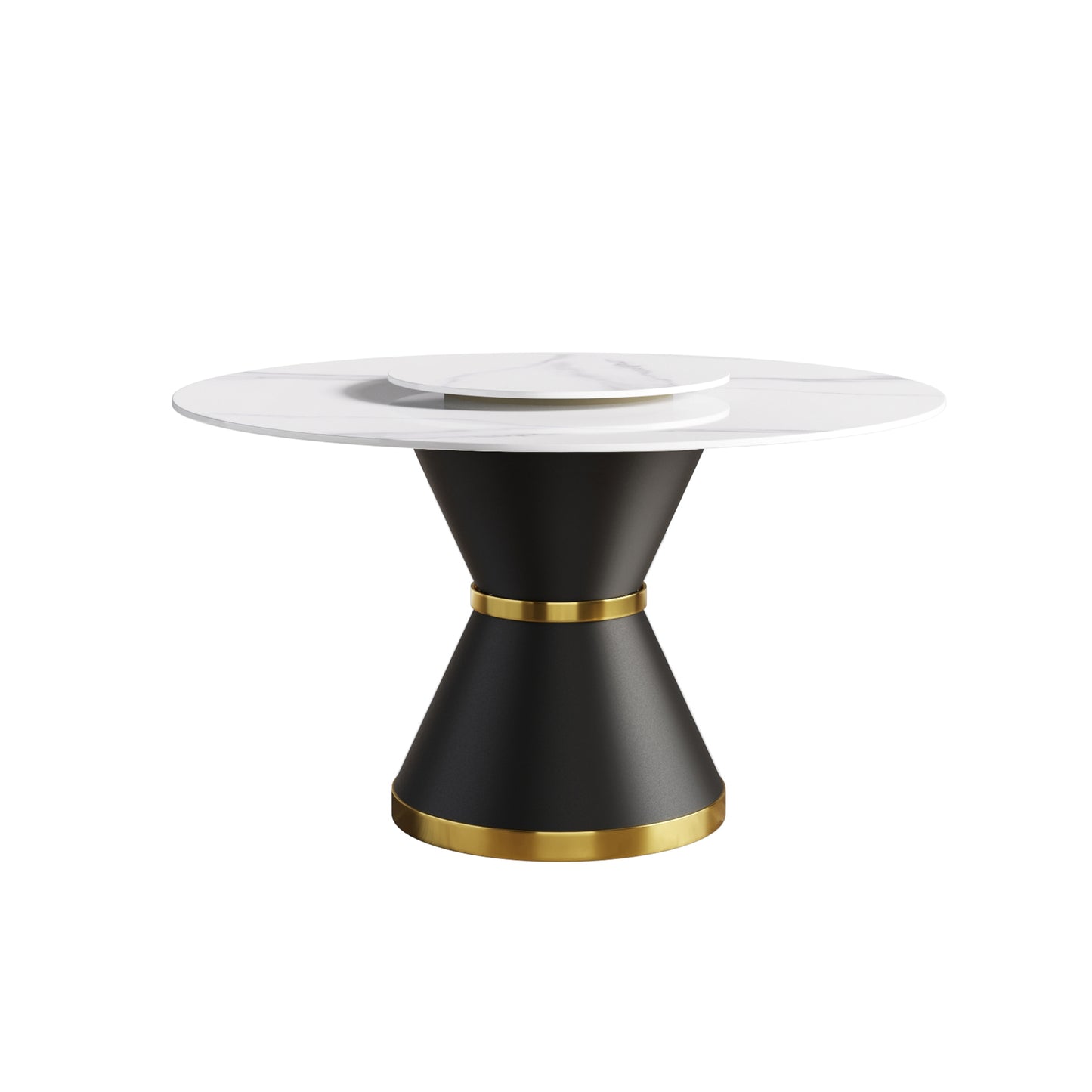 Round marble top dining table with black hourglass pedestal base and gold accents